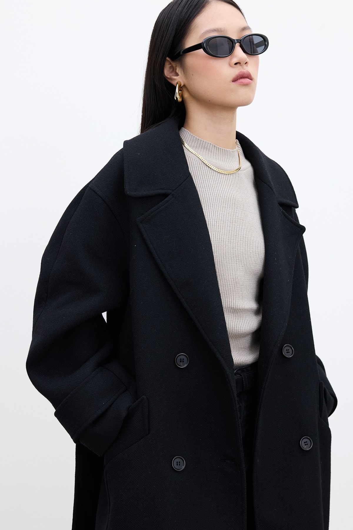 Kemerli Oversize Premium Kadın Kaşe Kaban - Siyah