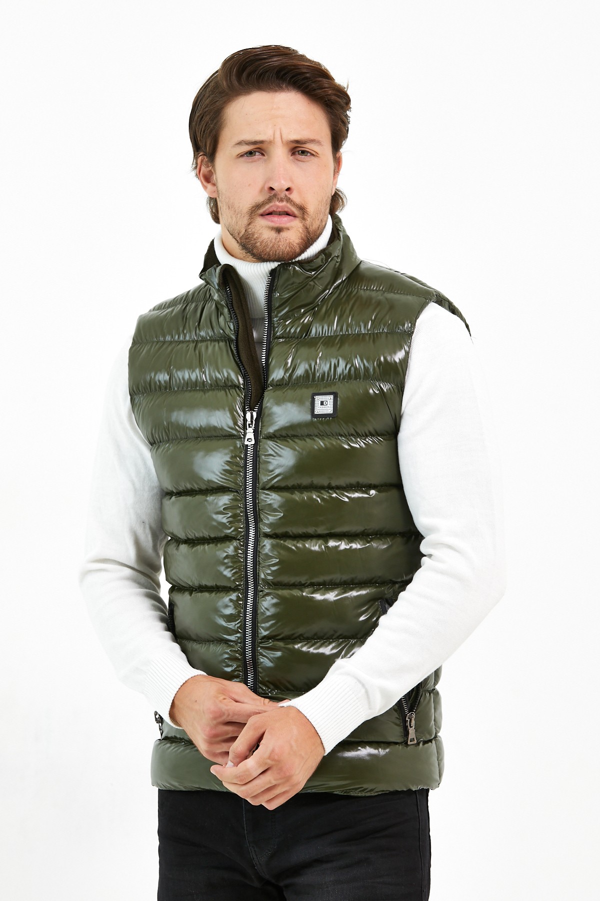 Slim Fit Parlak Şişme Yelek - Haki