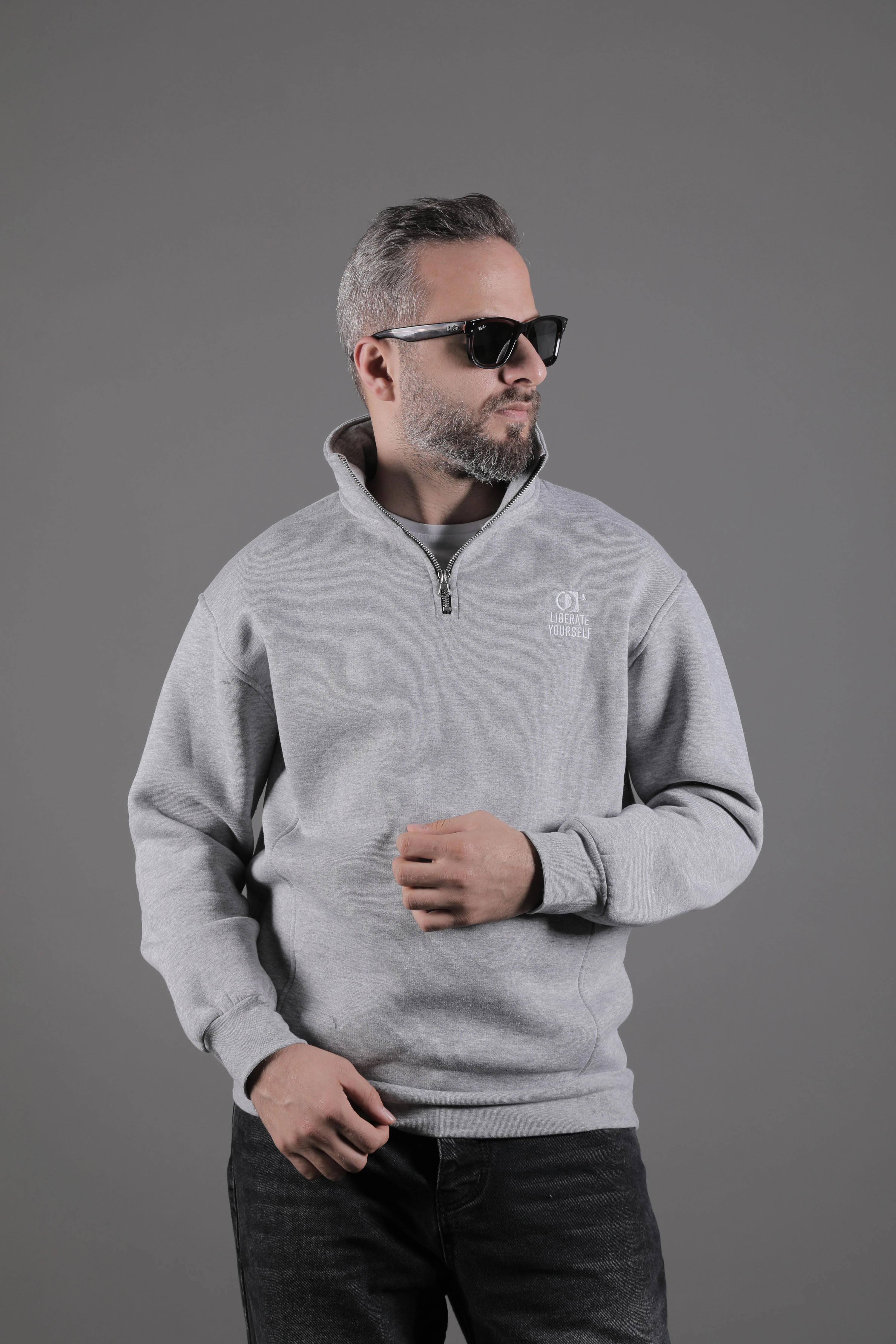 Dik Yakalı Parçalı Erkek Sweatshirt - Gri