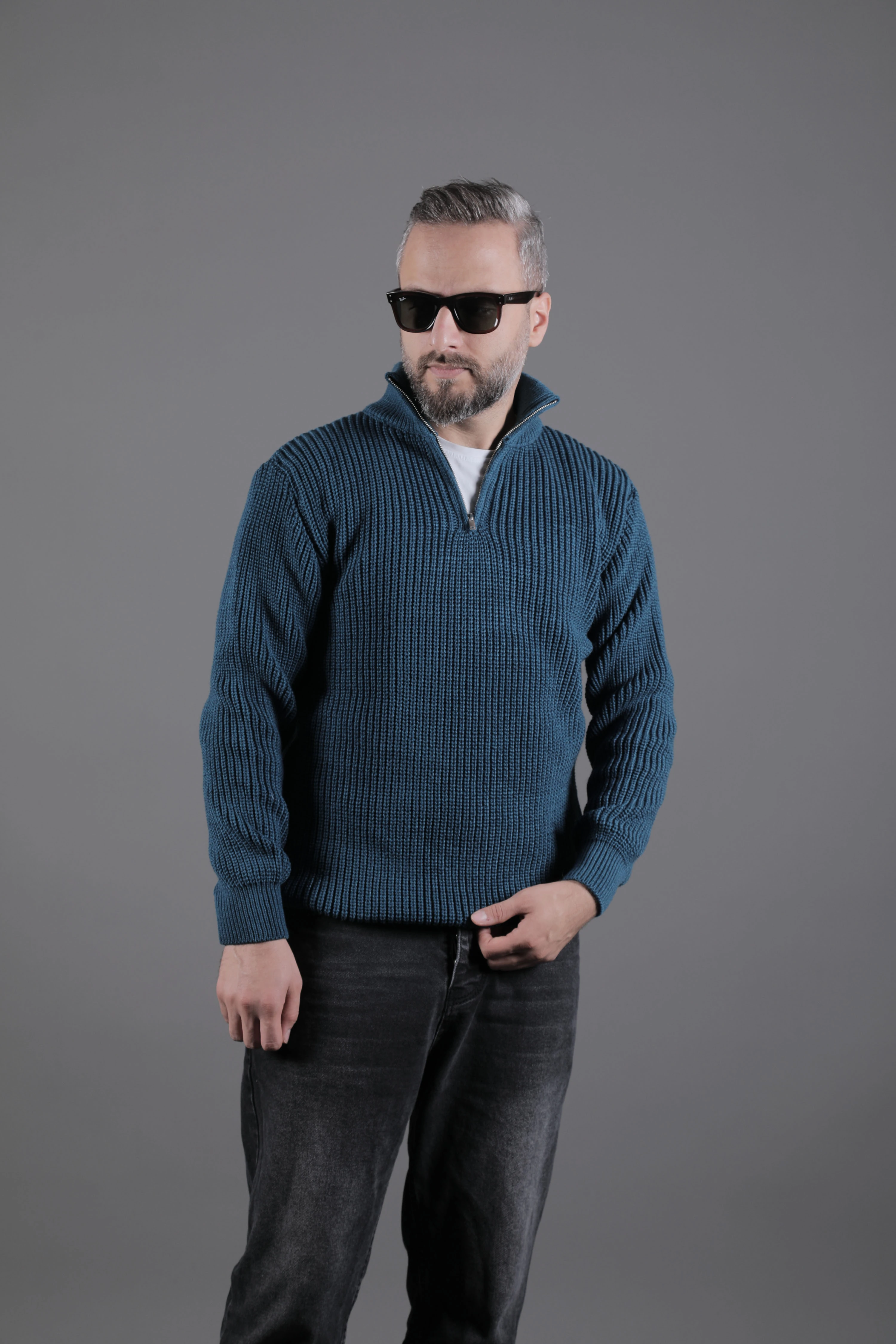 Yarım Fermuarlı Kalın Erkek Kazak - Petrol