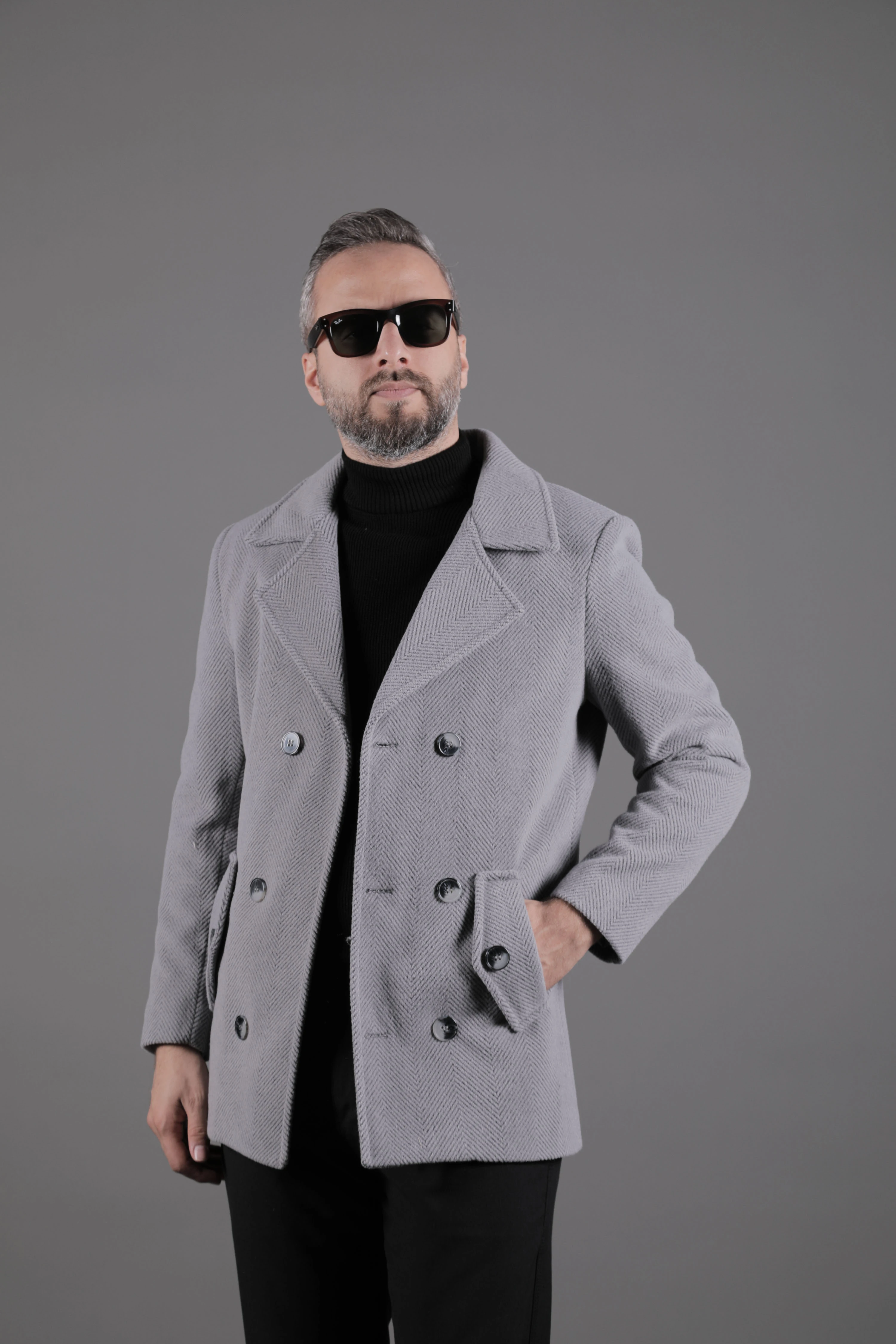 Desenli Kruvaze Erkek Kaşe Kaban - Koyu Gri