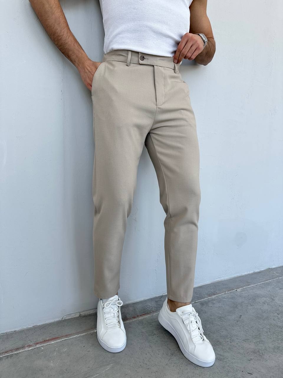 Slim Fit Likralı Erkek Keten Pantolon - Krem