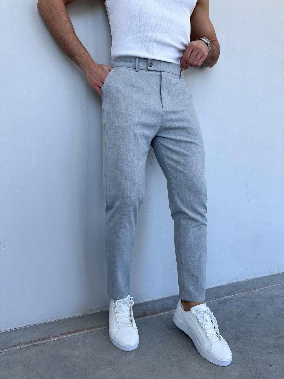 Slim Fit Likralı Erkek Keten Pantolon - Gri