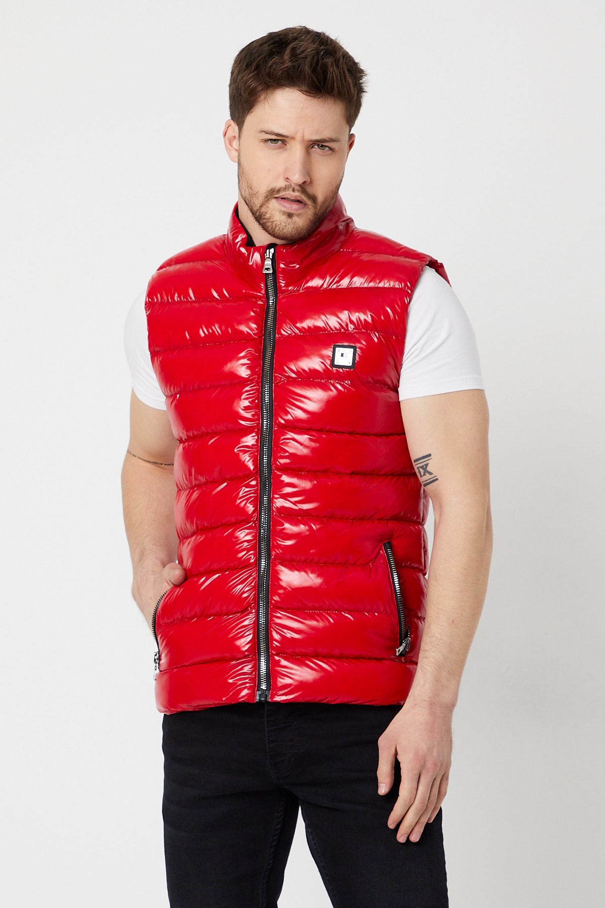 Slim Fit Parlak Şişme Yelek - Kırmızı