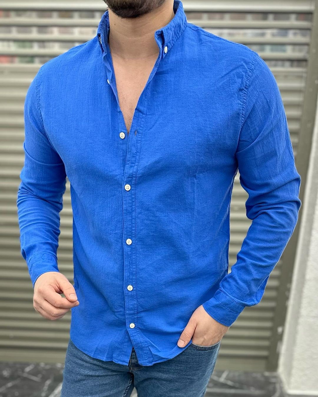 Rahat Kalıp Krinkıl Kumaş Yıkamalı Düz Erkek Yazlık Keten Gömlek - Saks Mavisi