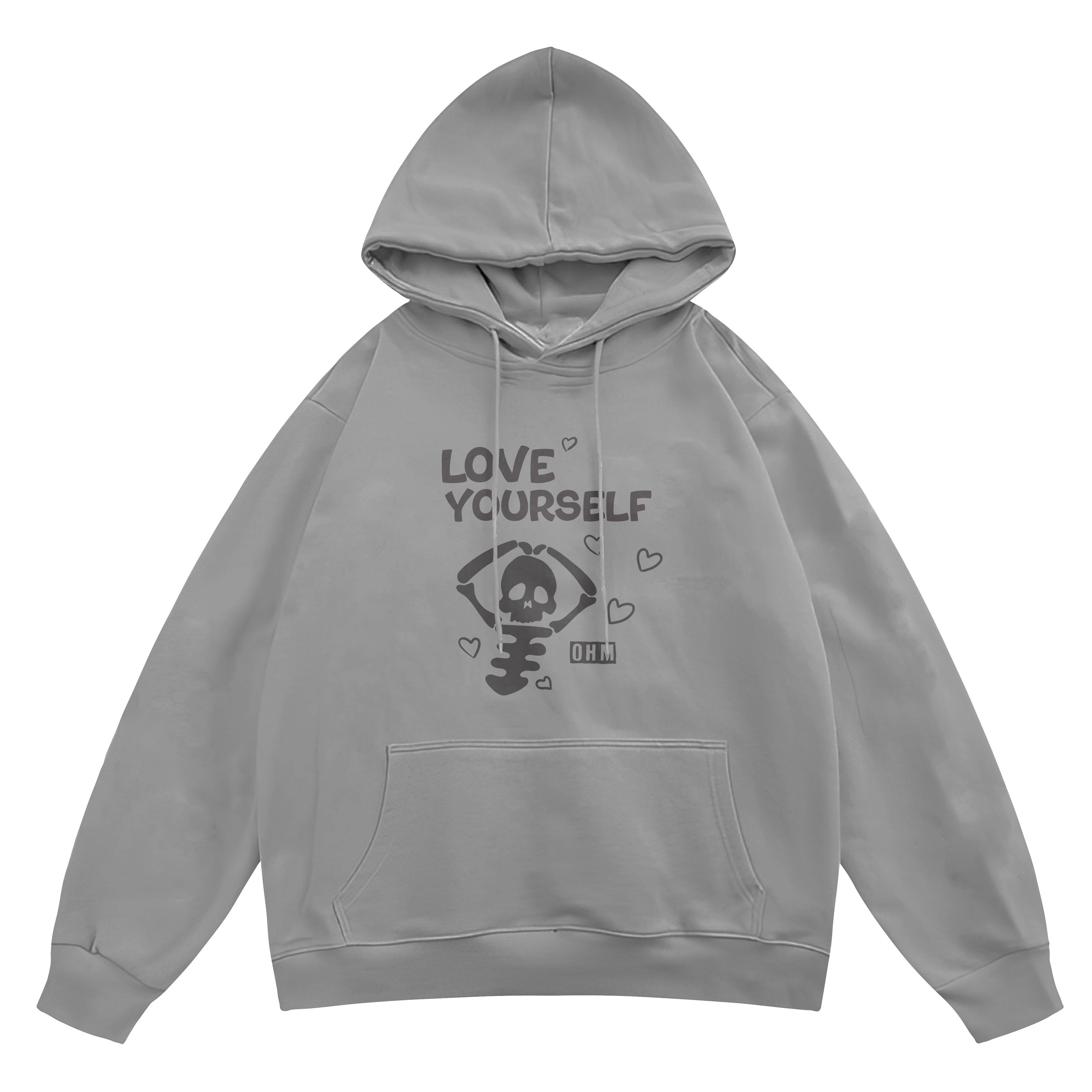 Unisex Love Yourself Baskılı Kapüşonlu Oversize Sweatshirt Hoodie - Gri