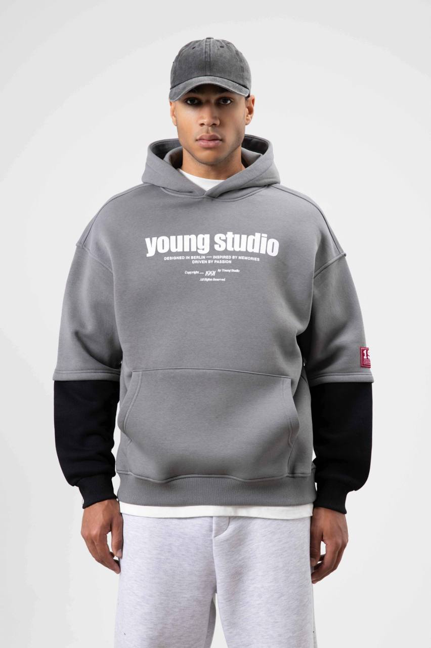 Kolu Parçalı Kapşonlu Sweatshirt Hoodie - Gri
