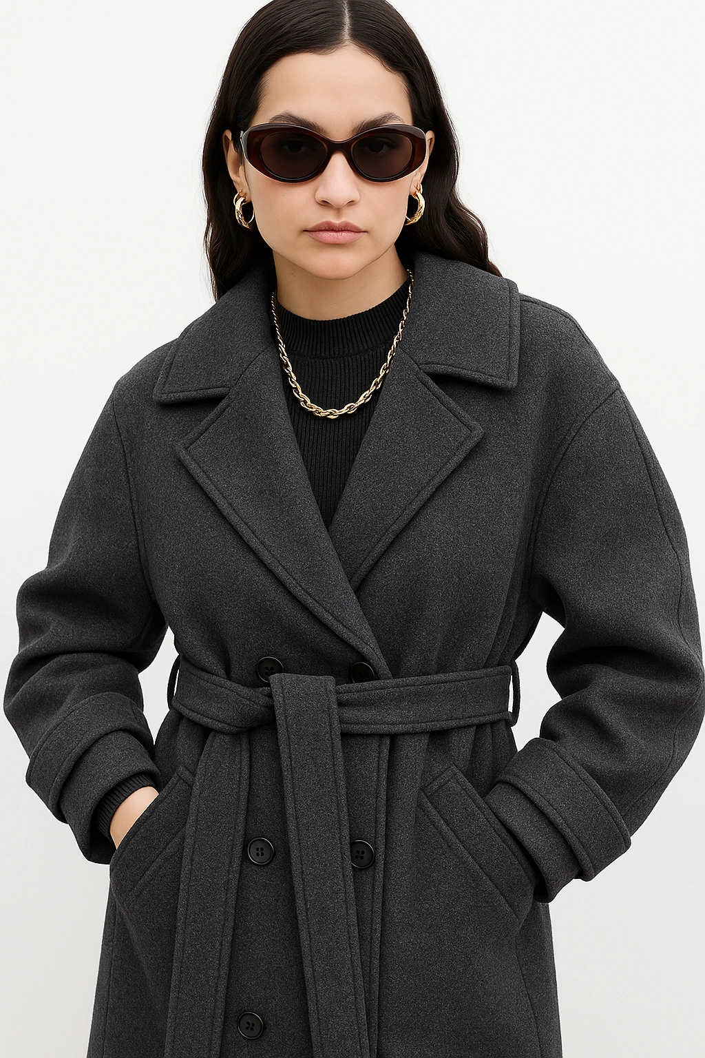 Kemerli Oversize Premium Kadın Kaşe Kaban - Antrasit