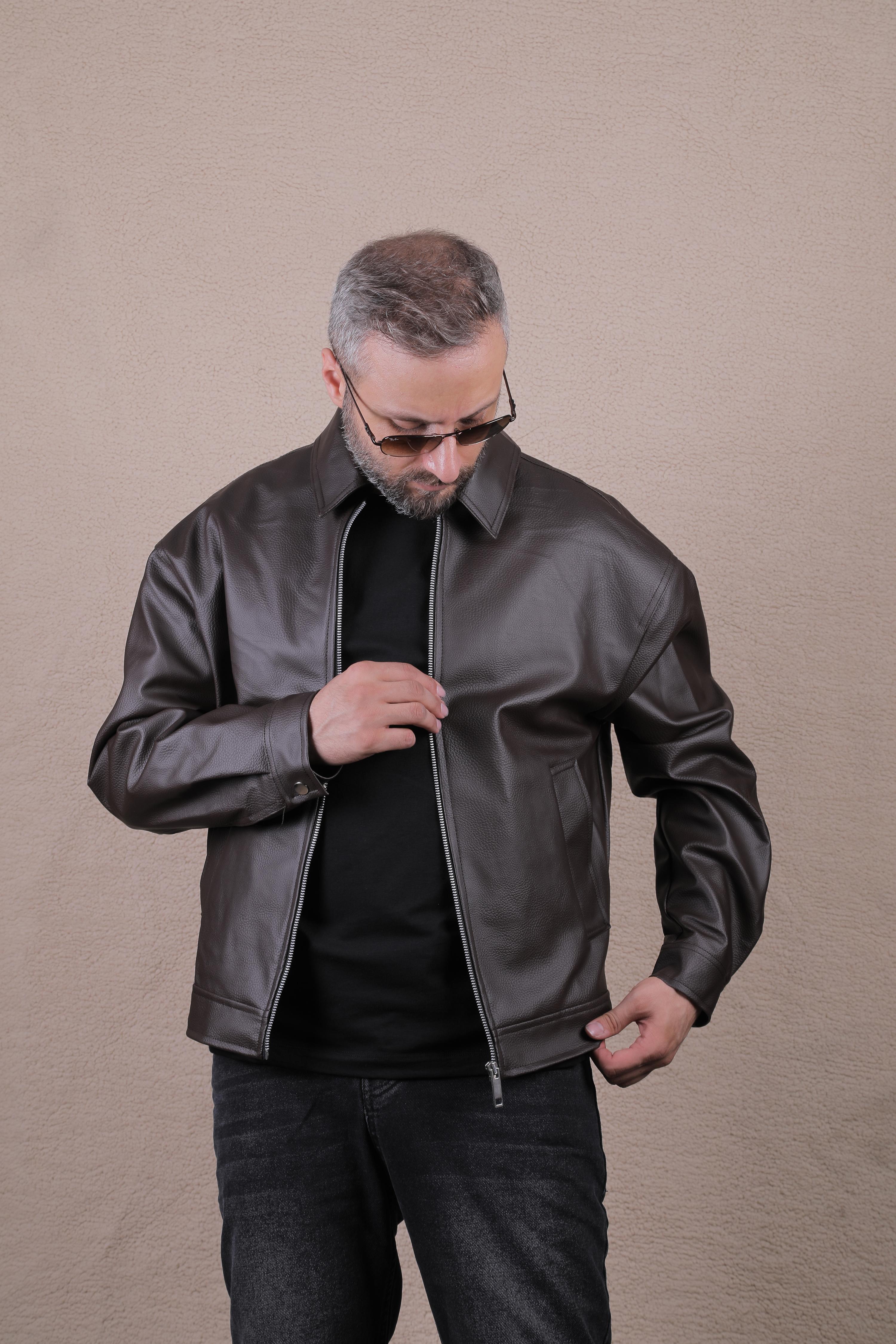 Oversize Rahat Kalıp Düz Erkek Deri Ceket - Kahverengi