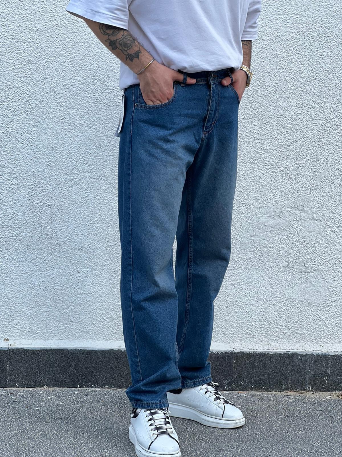 Erkek Baggy Fit Rahat Kesim Loose Jean Kot Pantolon - Taşlamalı Mavi