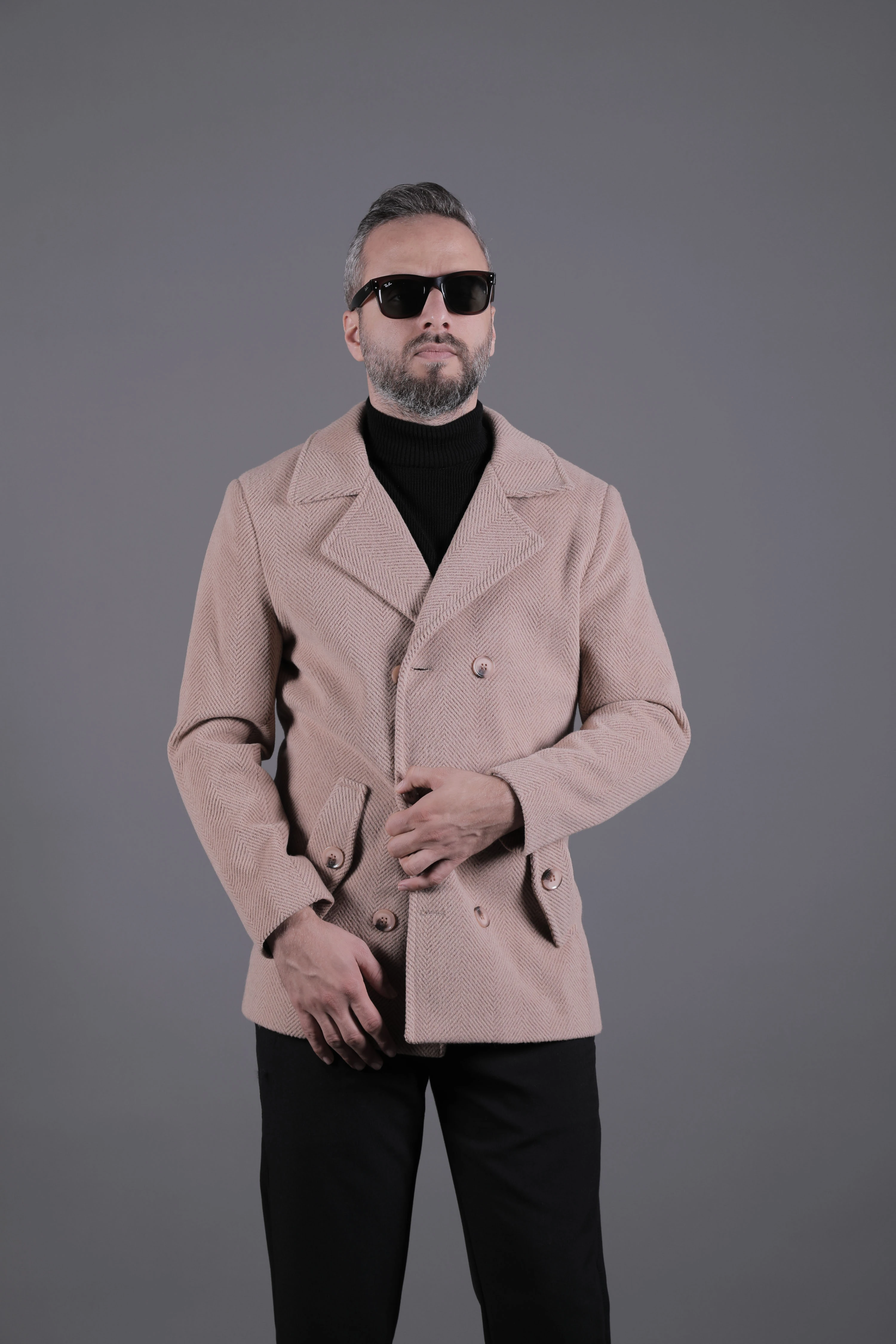 Desenli Kruvaze Erkek Kaşe Kaban - Sütlü Kahve