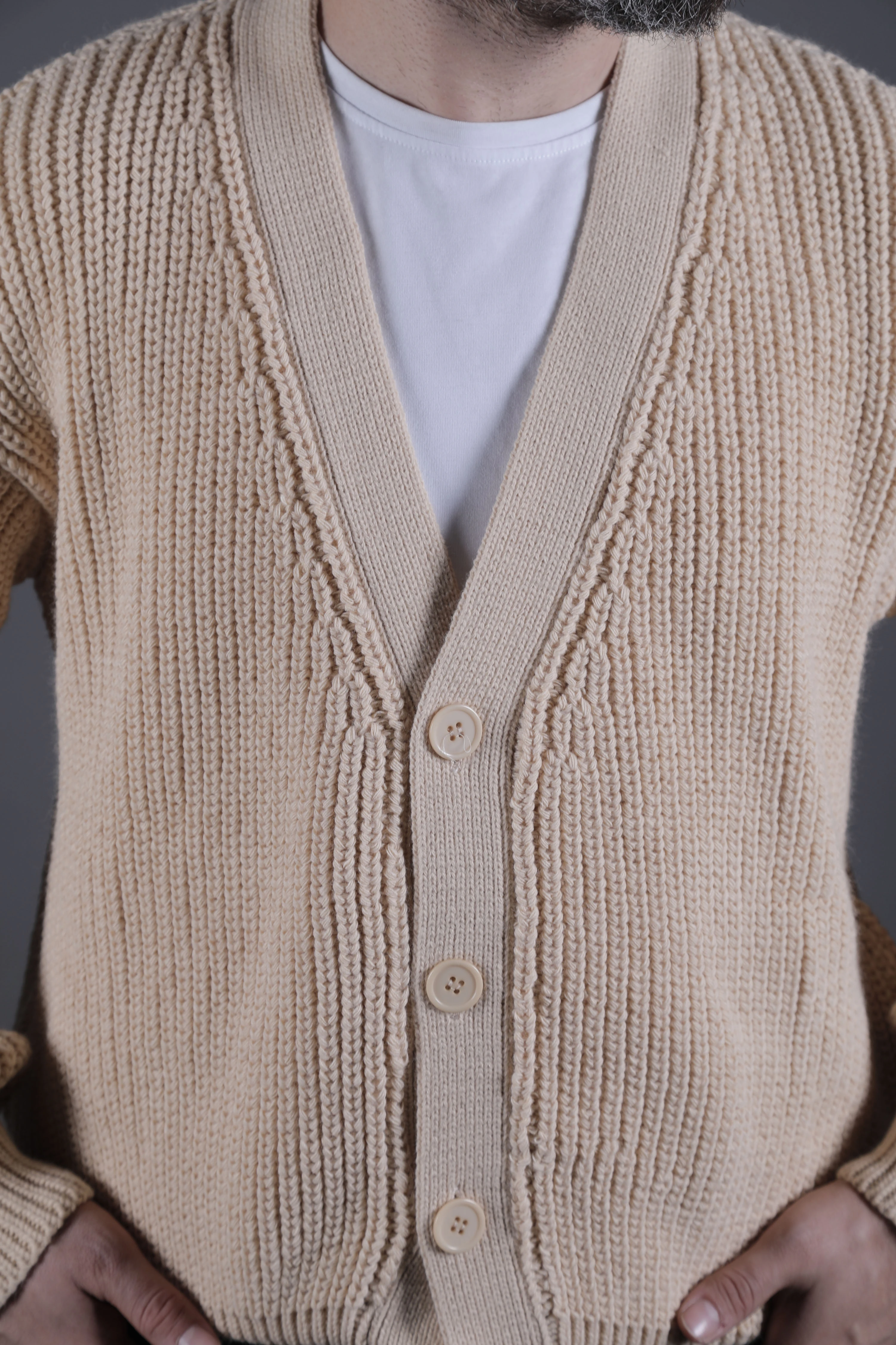 Dokulu Oversize Erkek Kalın Hırka - Krem