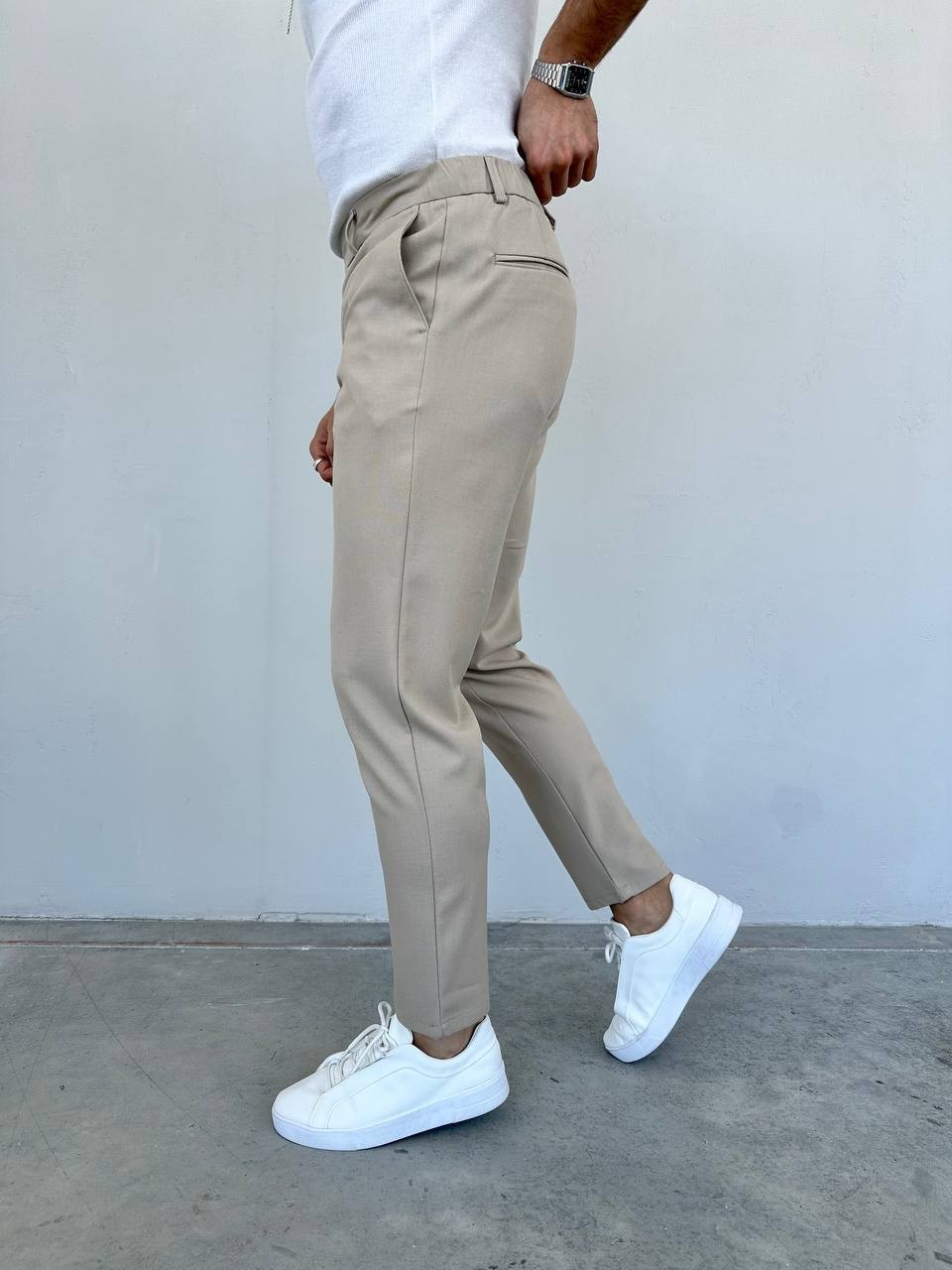 Slim Fit Likralı Erkek Keten Pantolon - Krem