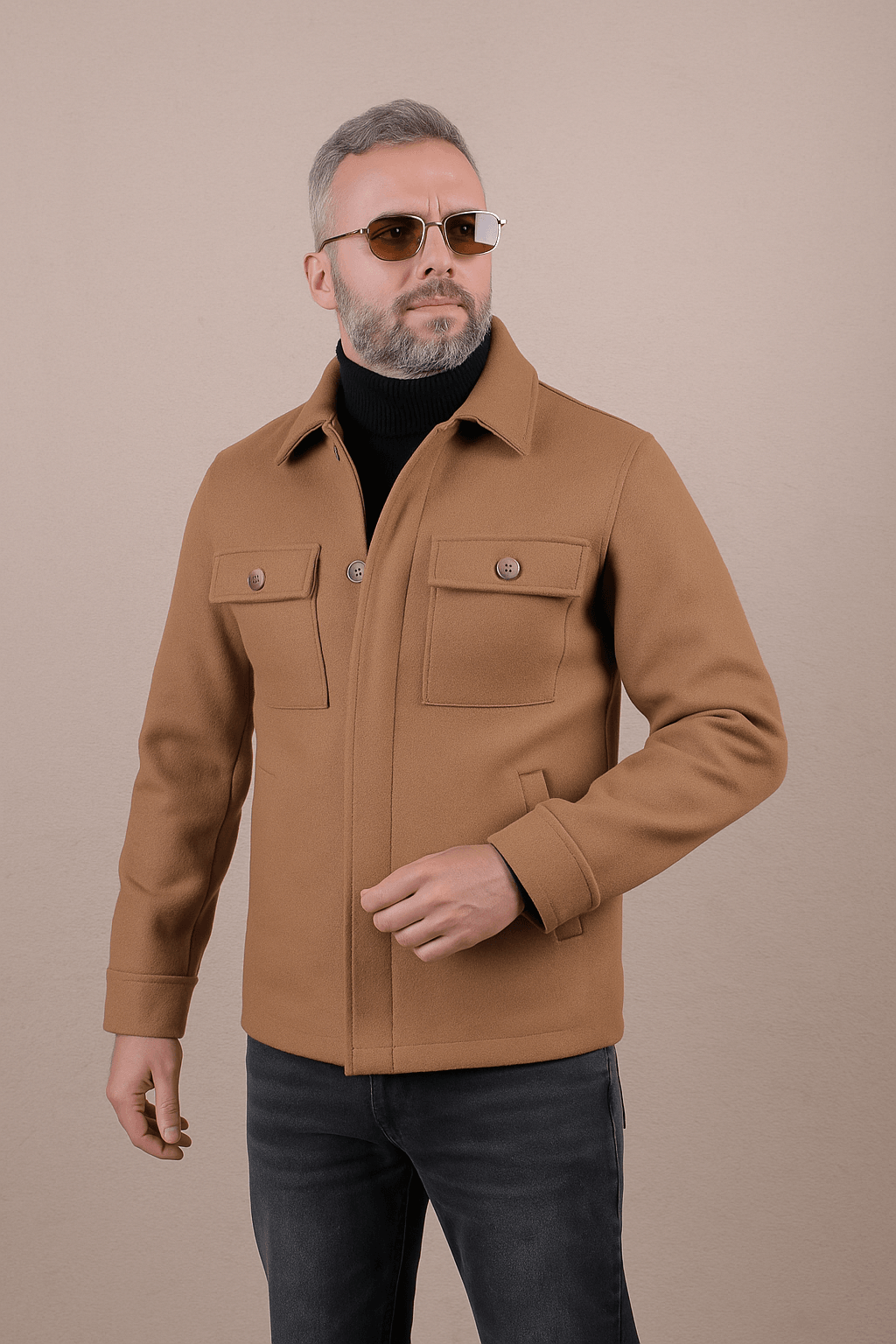 İtalyan Stil Slim Fit Erkek Kaşe Kaban - Camel