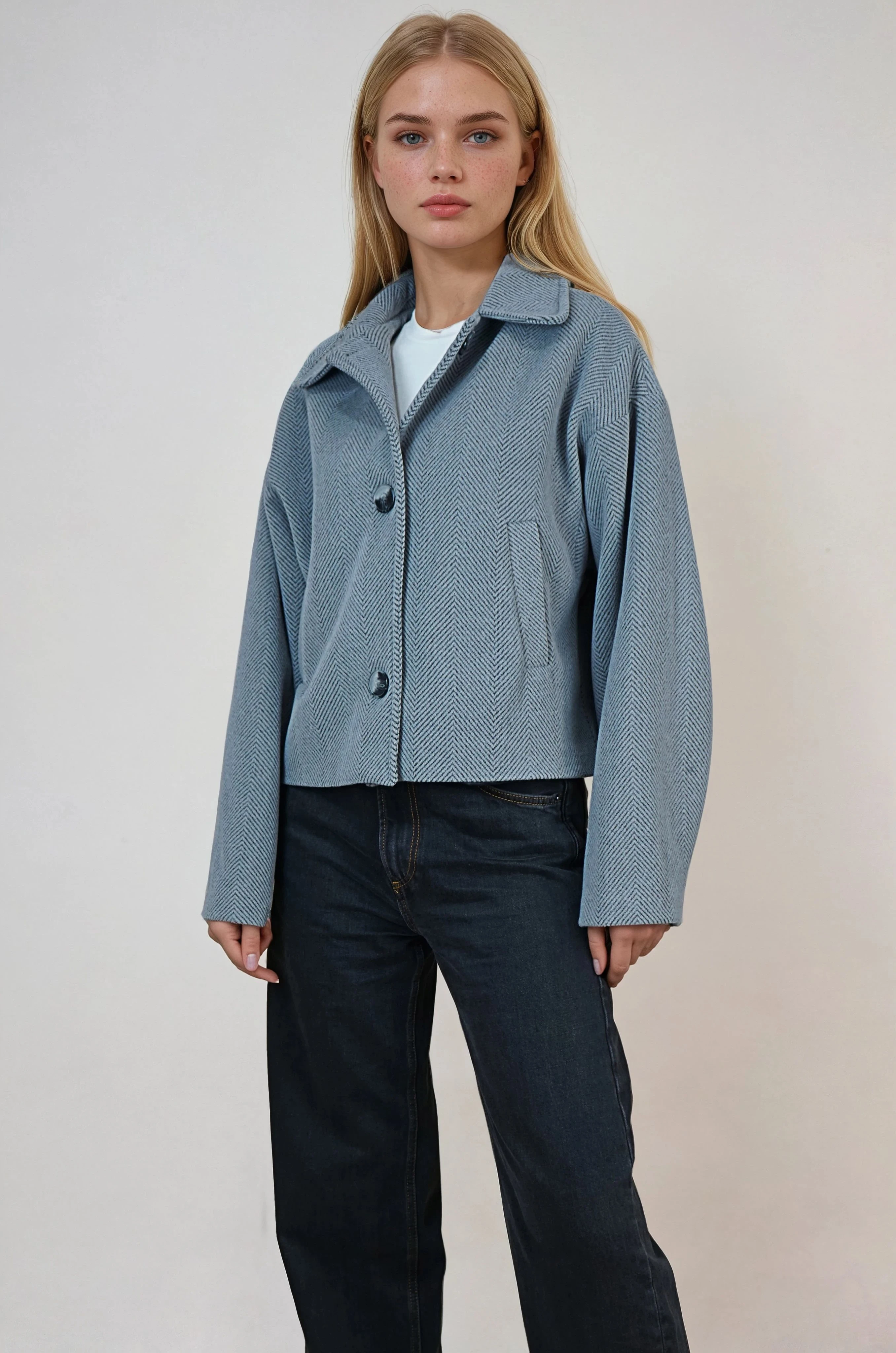 Oversize Desenli Kadın Kısa Kaşe Kaban  - Koyu Gri