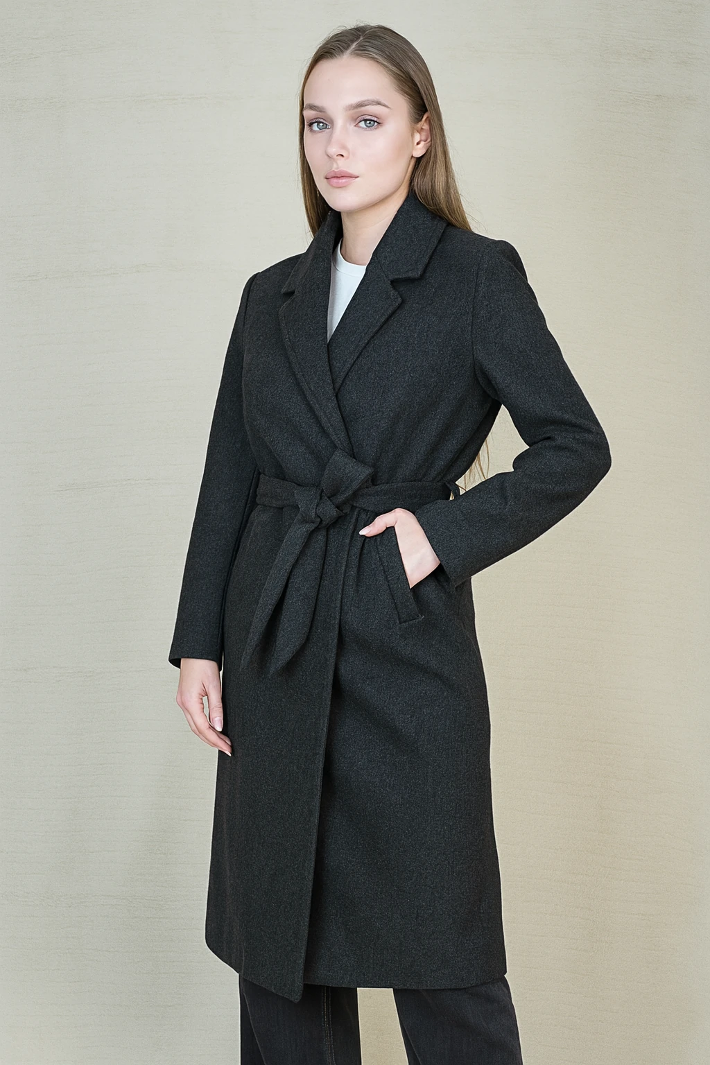 Kemerli Kadın Kaşe Kaban - Antrasit