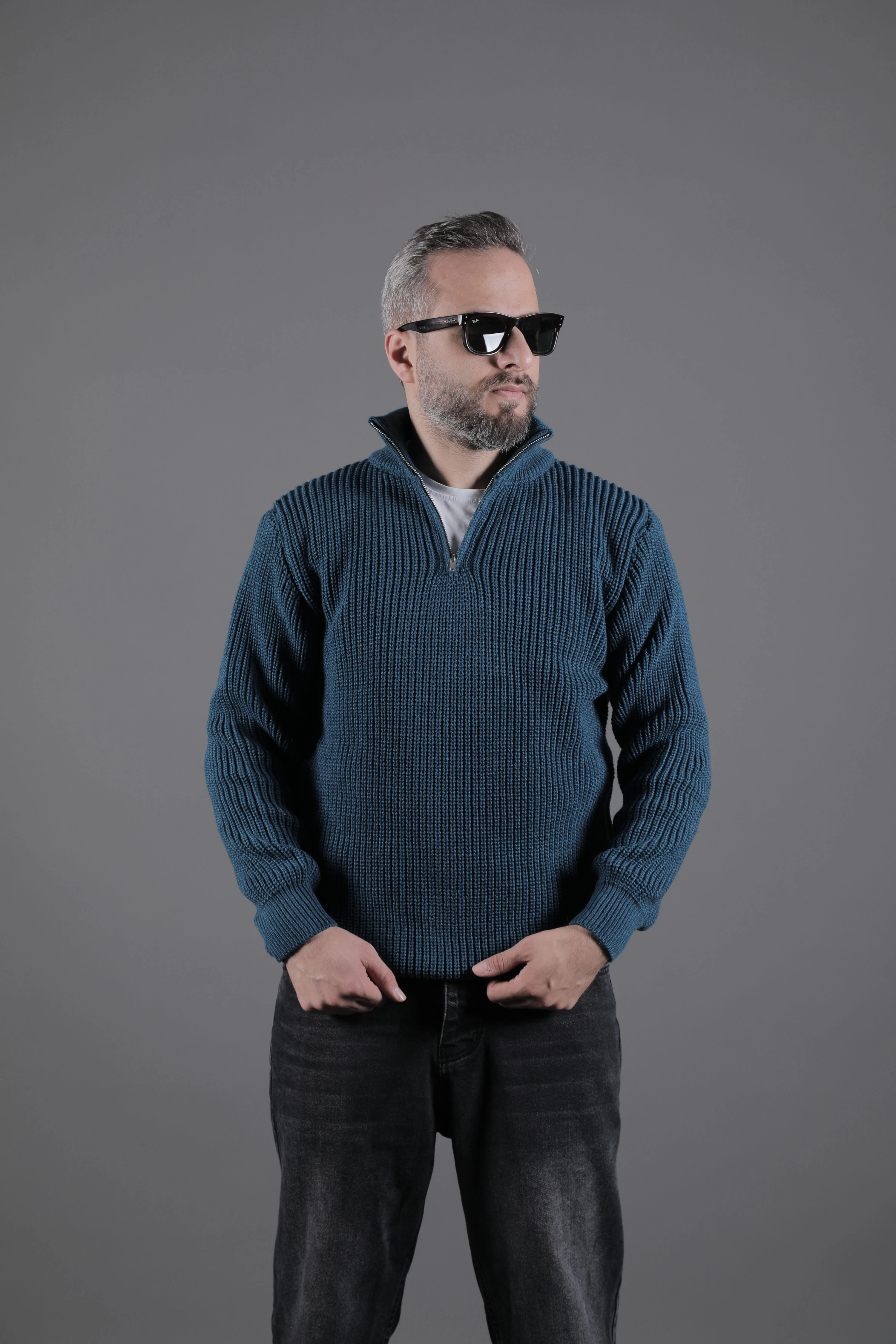 Yarım Fermuarlı Kalın Erkek Kazak - Petrol