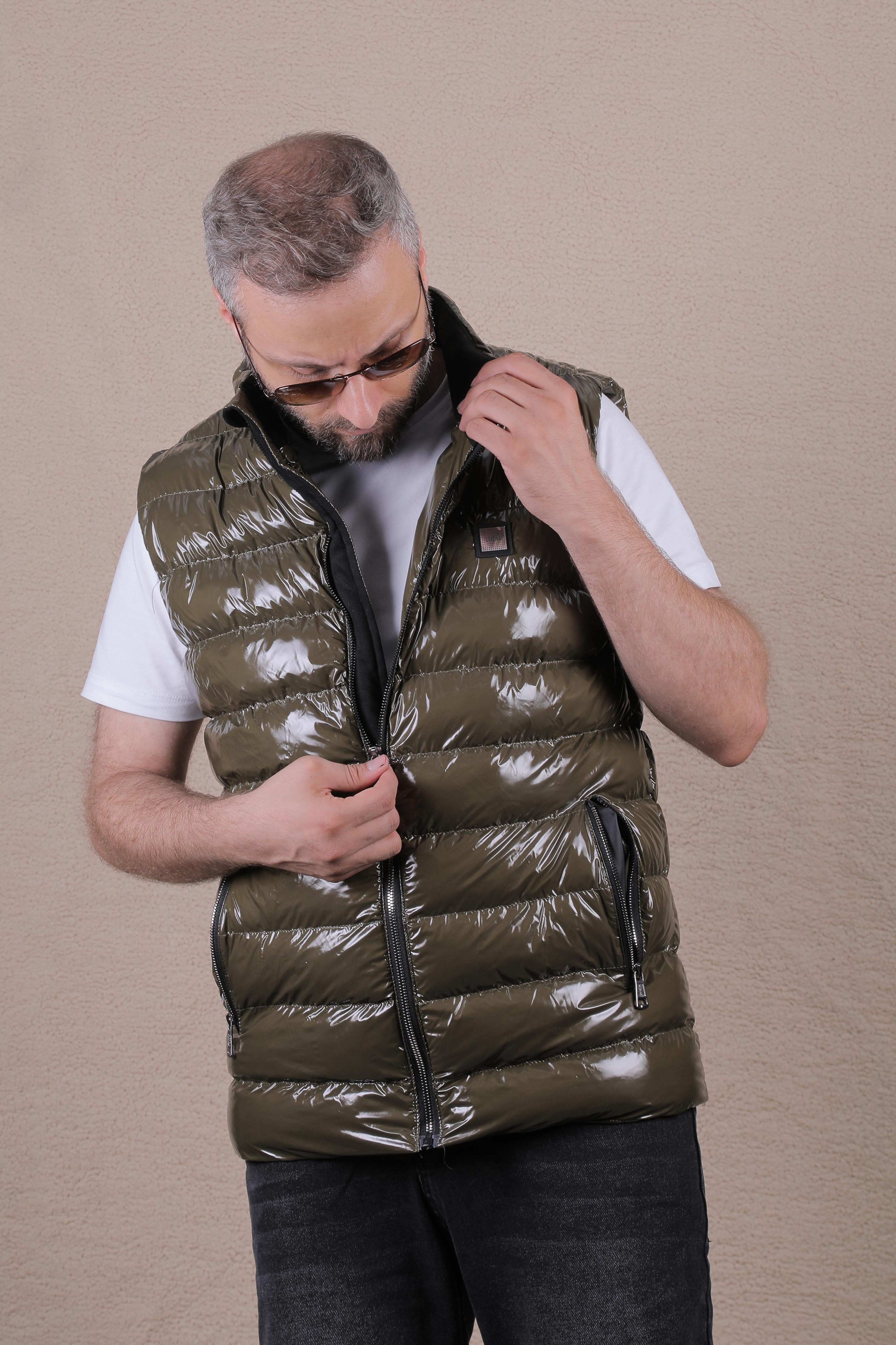 Slim Fit Parlak Şişme Yelek - Haki