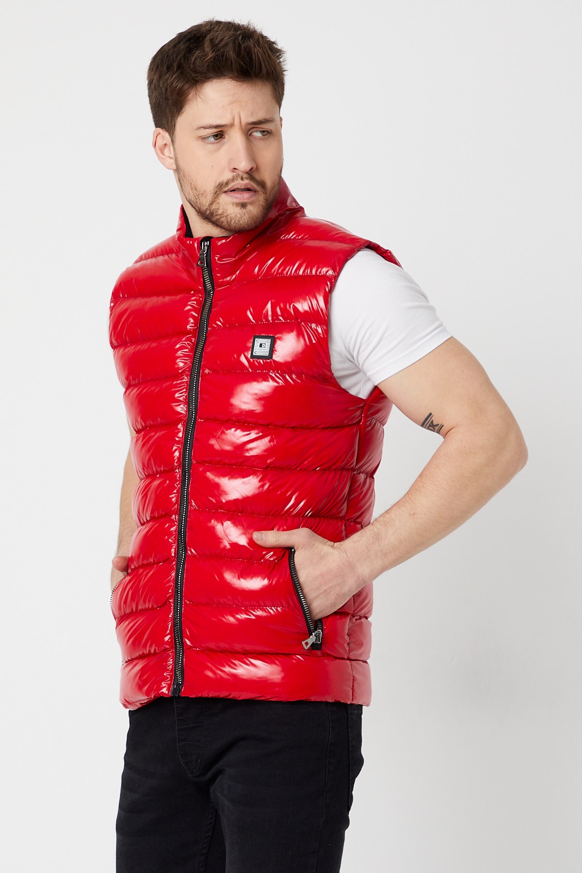 Slim Fit Parlak Şişme Yelek - Kırmızı