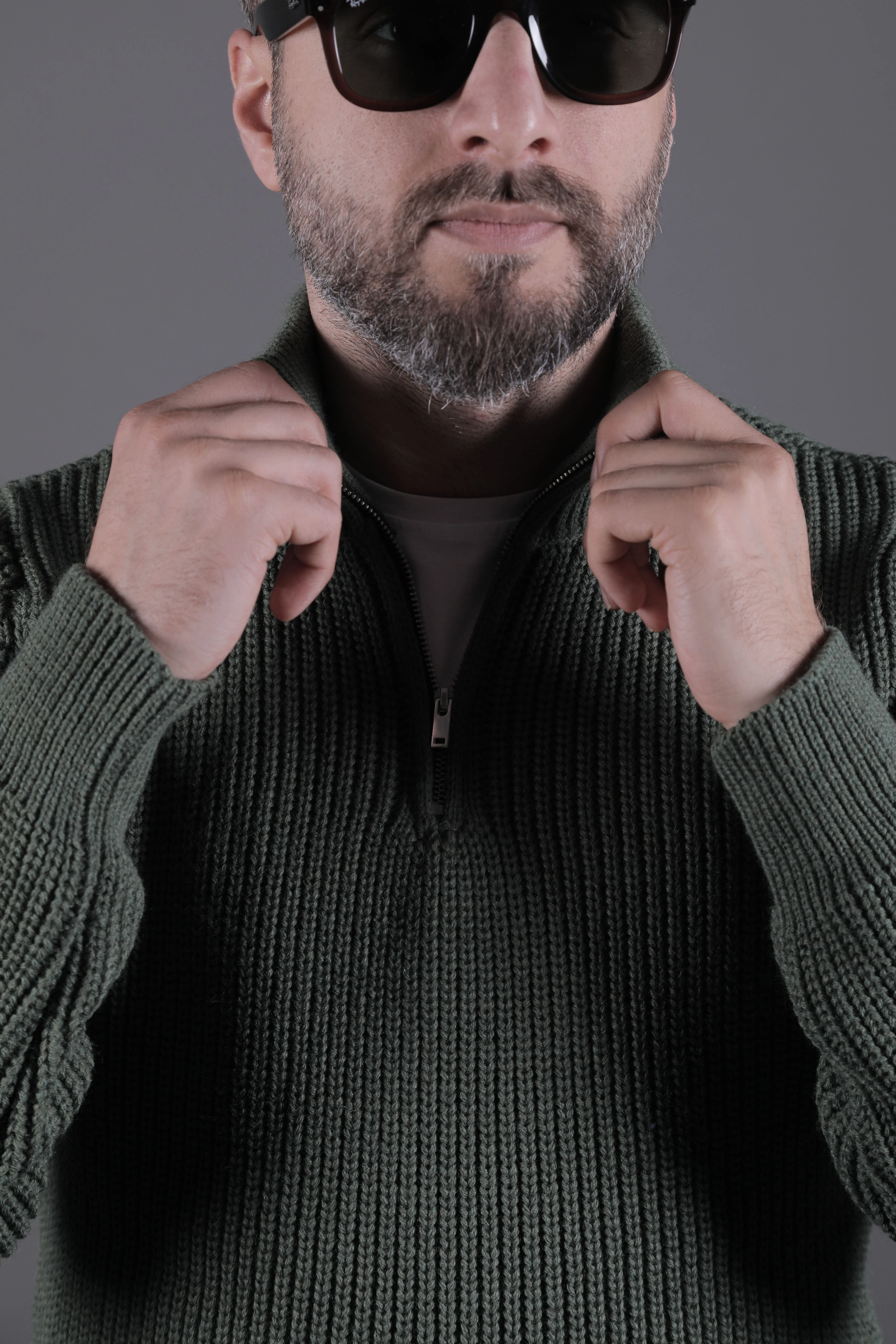 Yarım Fermuarlı Kalın Erkek Kazak - Haki