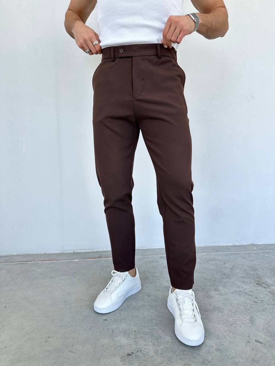 Slim Fit Likralı Erkek Keten Pantolon - Kahverengi