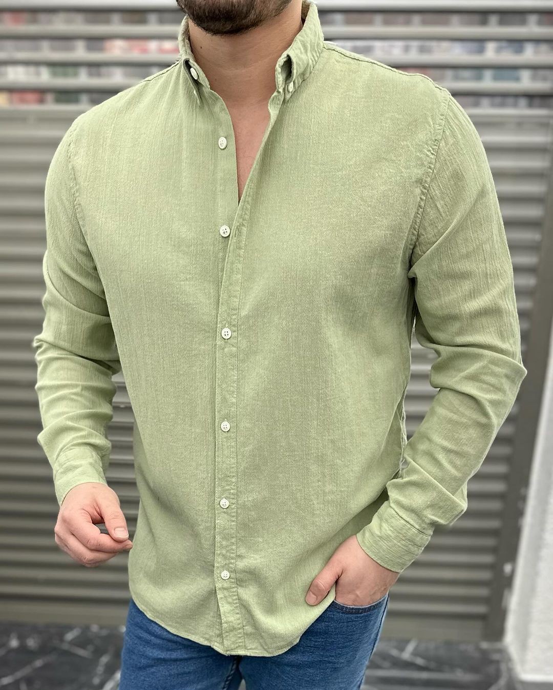 Rahat Kalıp Krinkıl Kumaş Yıkamalı Düz Erkek Yazlık Keten Gömlek - Açık Yeşil