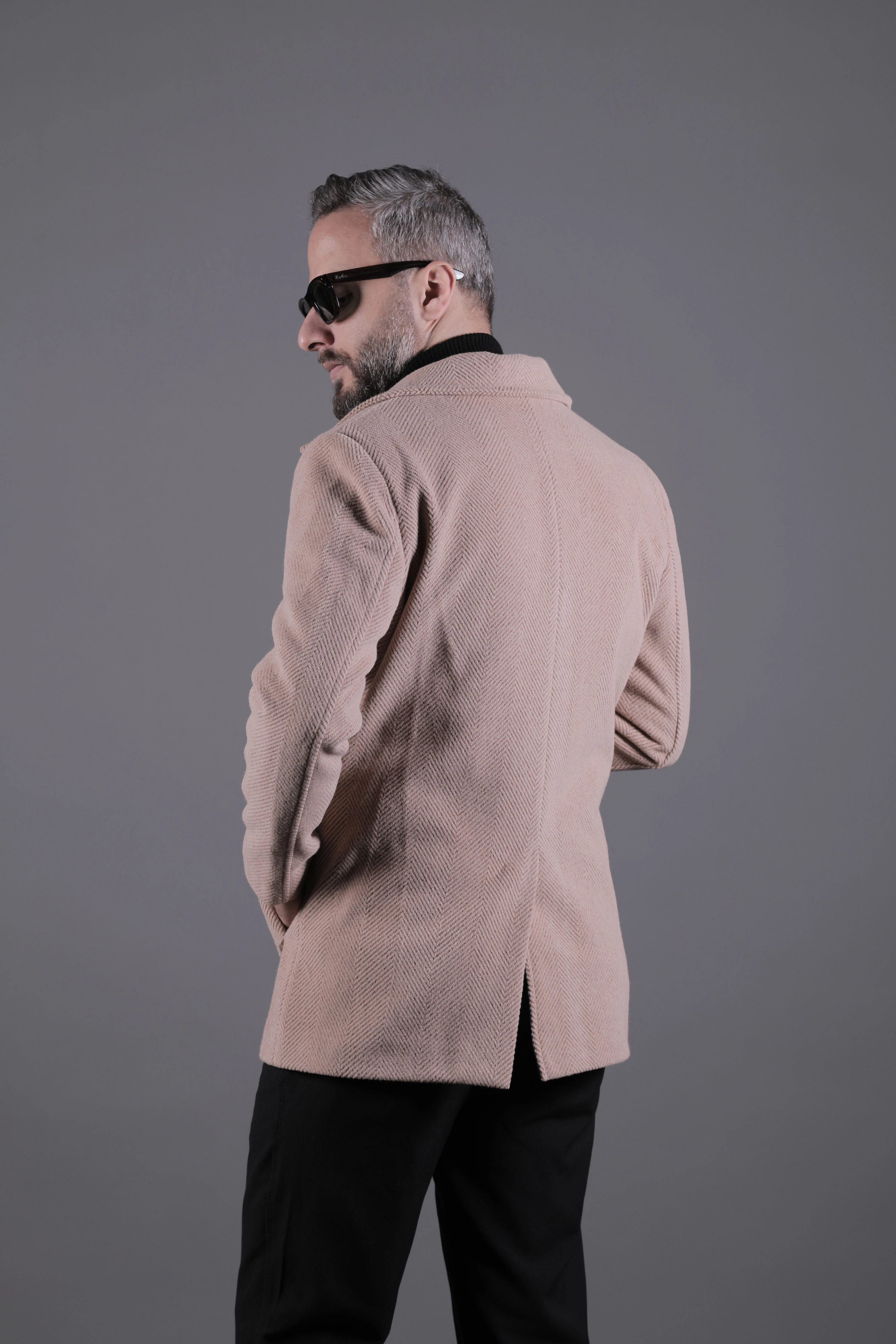 Desenli Kruvaze Erkek Kaşe Kaban - Sütlü Kahve