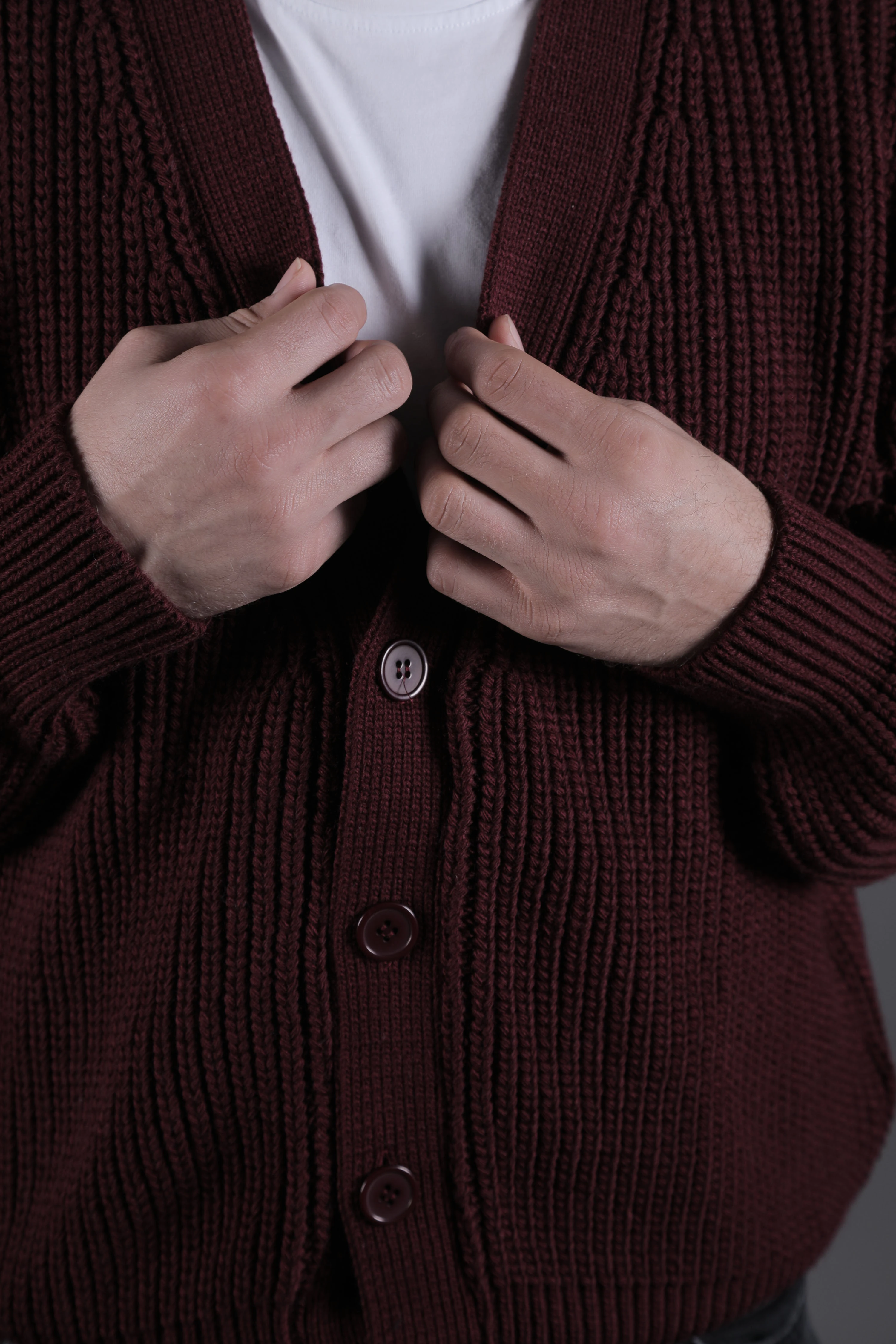 Dokulu Oversize Erkek Kalın Hırka - Bordo