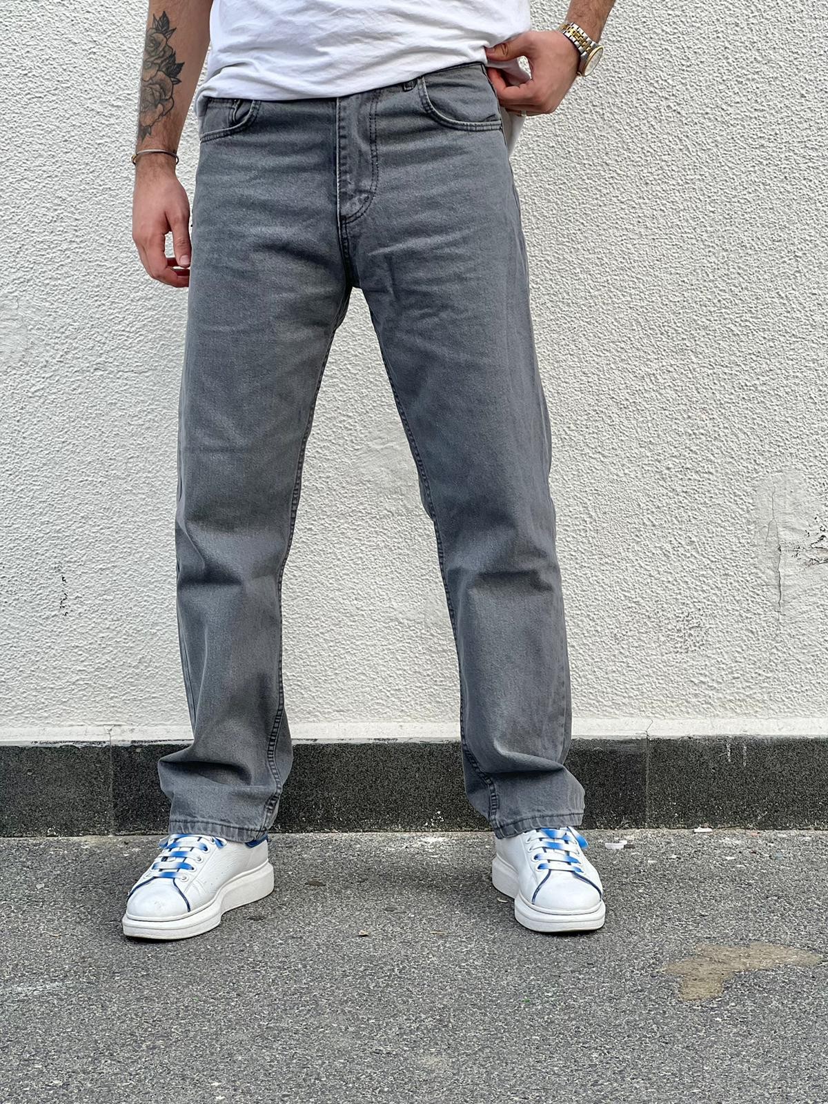 Erkek Baggy Fit Rahat Kesim Loose Jean Kot Pantolon - Gri