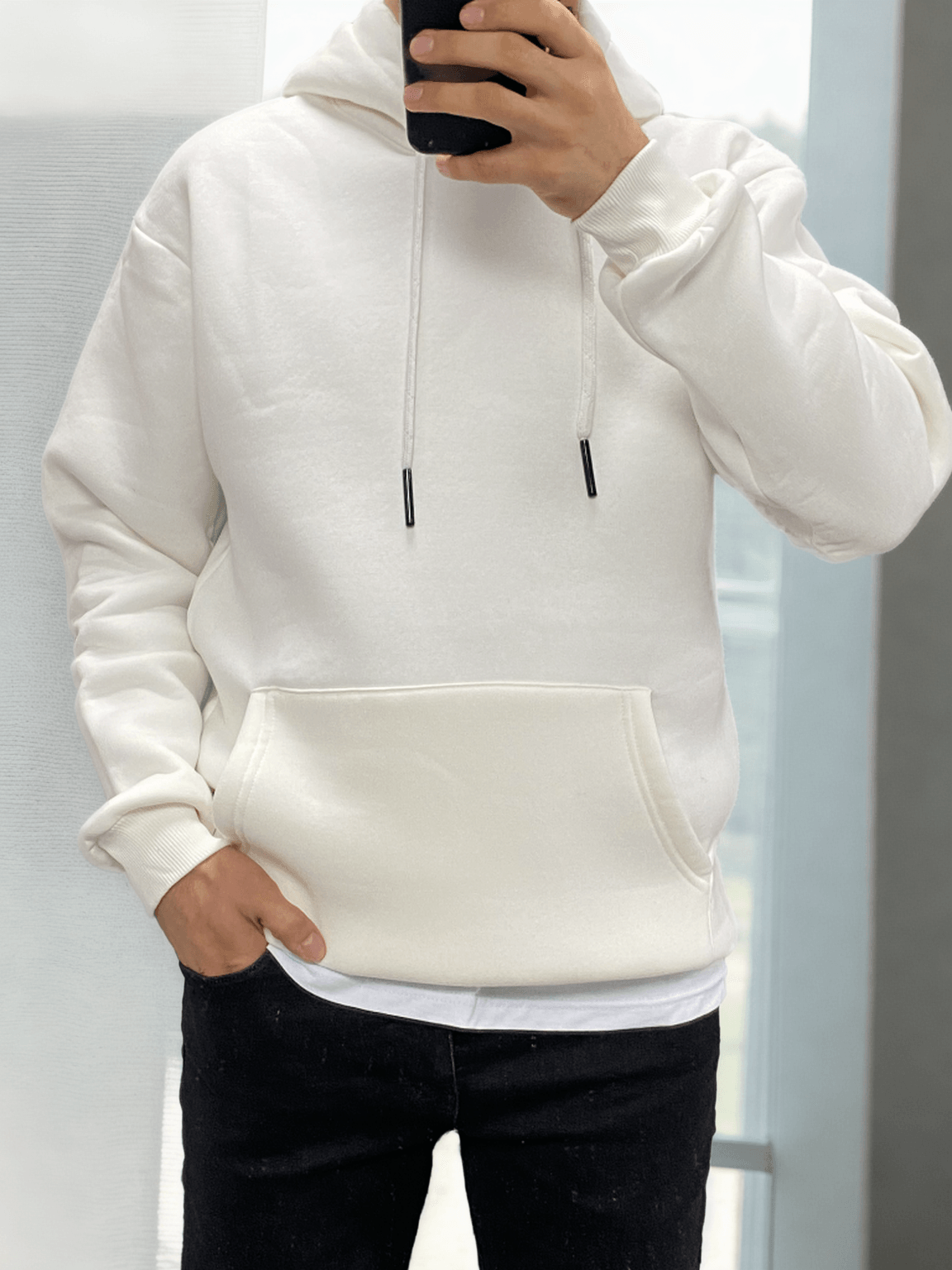 Unisex Düz Kapüşonlu Oversize Sweatshirt Hoodie - Beyaz
