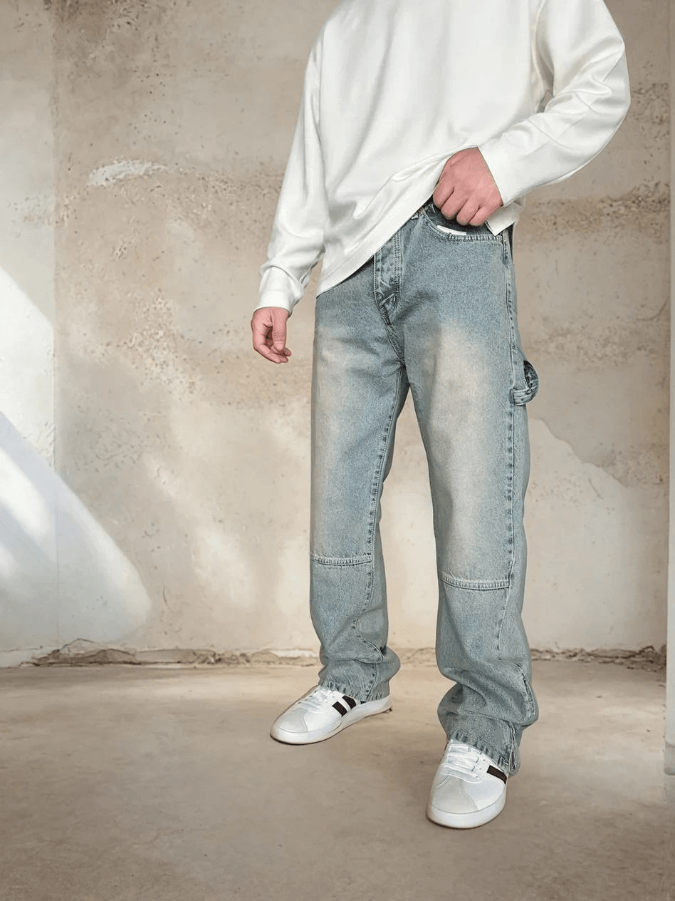 Yan Detaylı Efektli Rahat Kalıp Baggy Kot Pantolon - Buz Mavisi