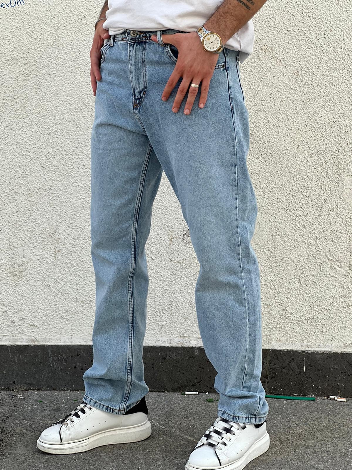 Erkek Baggy Fit Rahat Kesim Loose Jean Kot Pantolon - Buz Mavisi