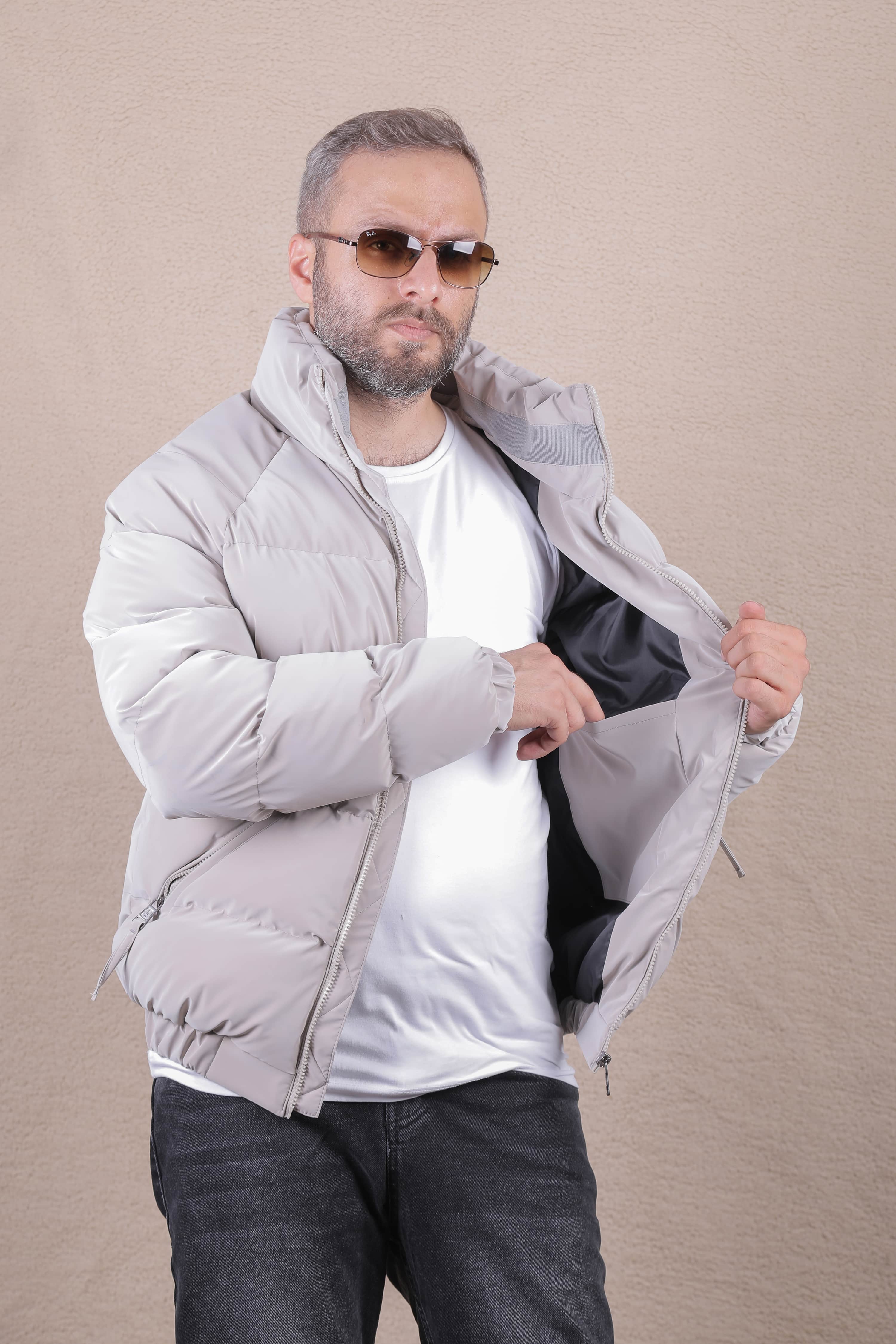 Çapraz Cepli Erkek Şişme Mont - Taş