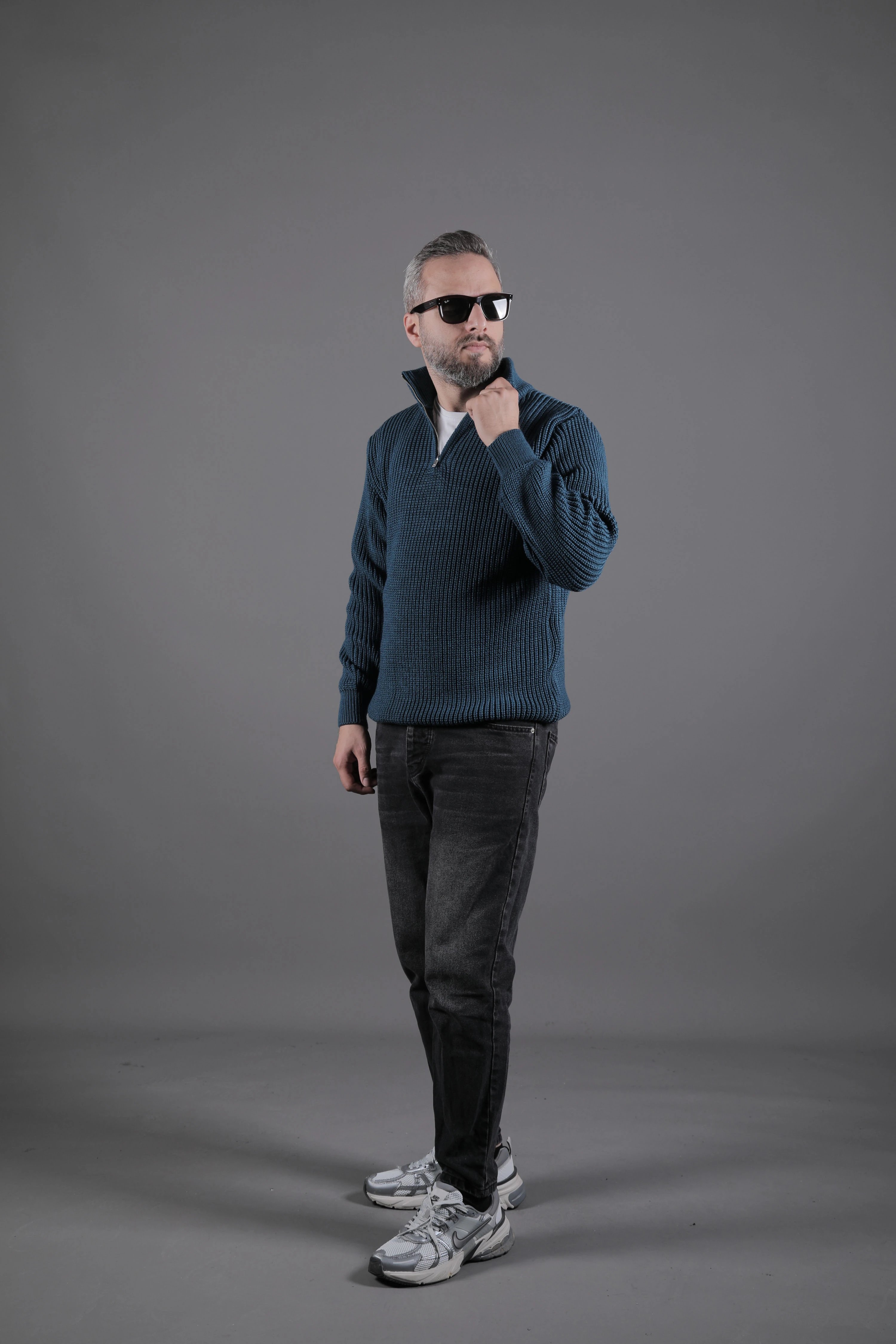 Yarım Fermuarlı Kalın Erkek Kazak - Petrol