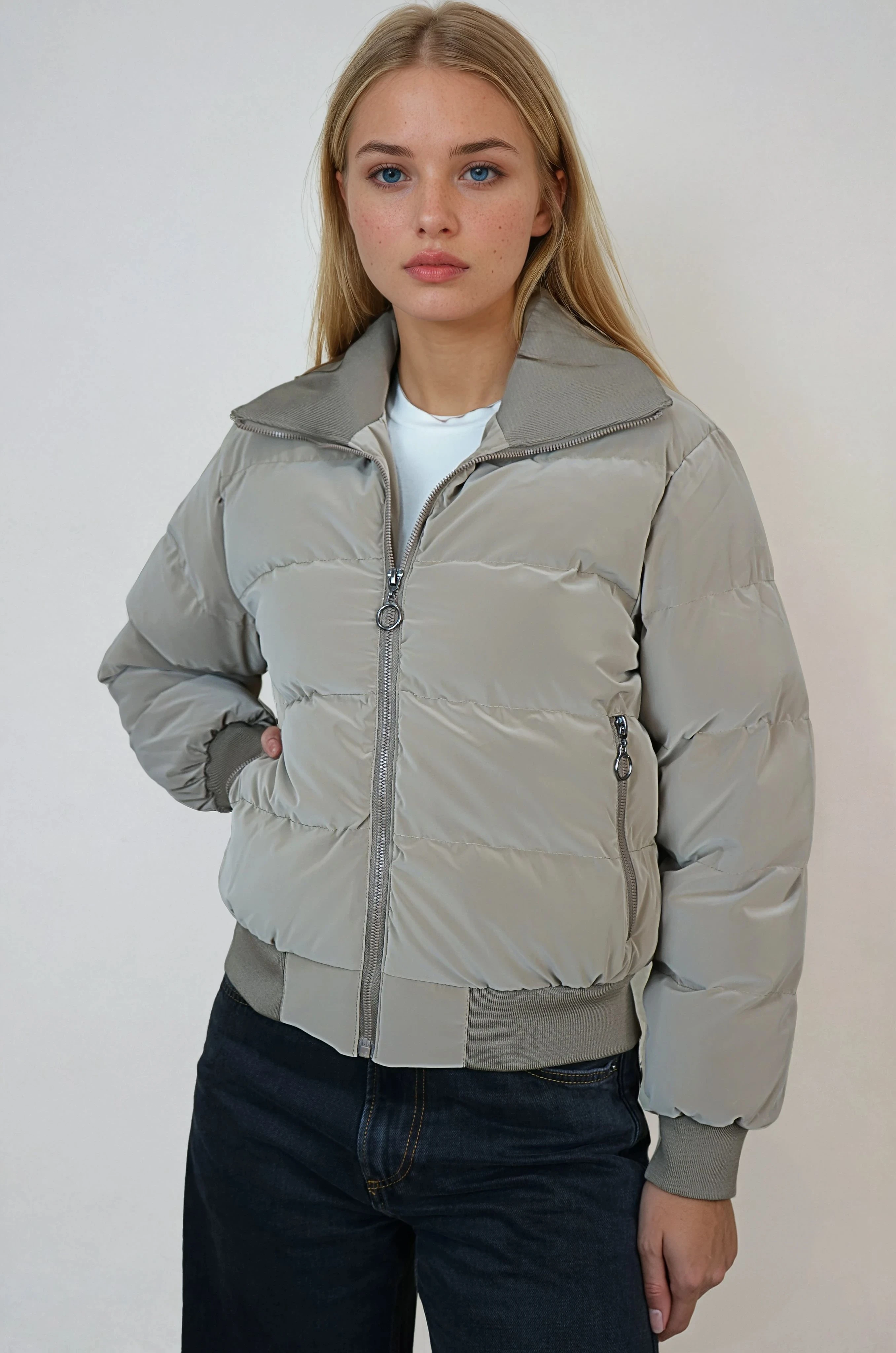 Yaka Detaylı Kadın Şişme Mont - Sütlü Kahve