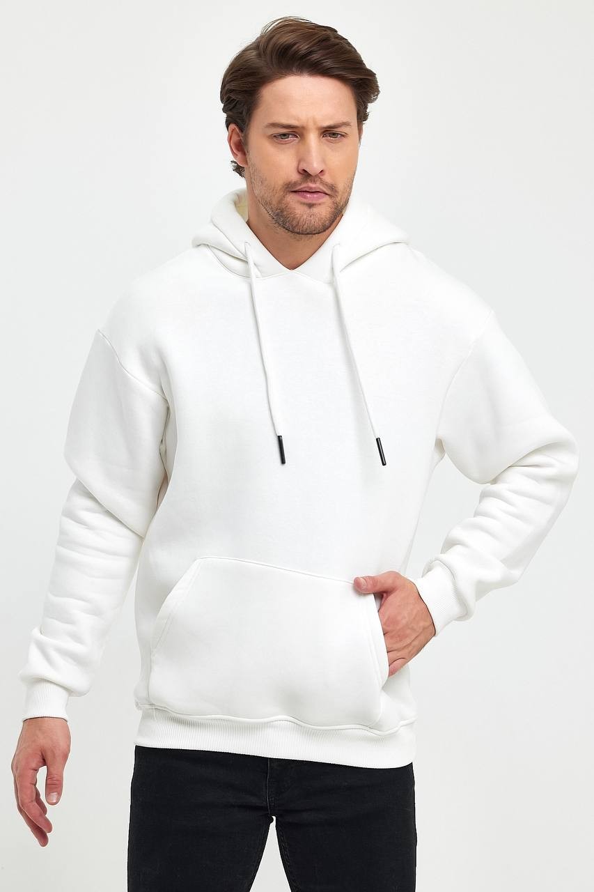 İçi Polarlı Kapşonlu Erkek Sweatshirt Hoodie - Beyaz