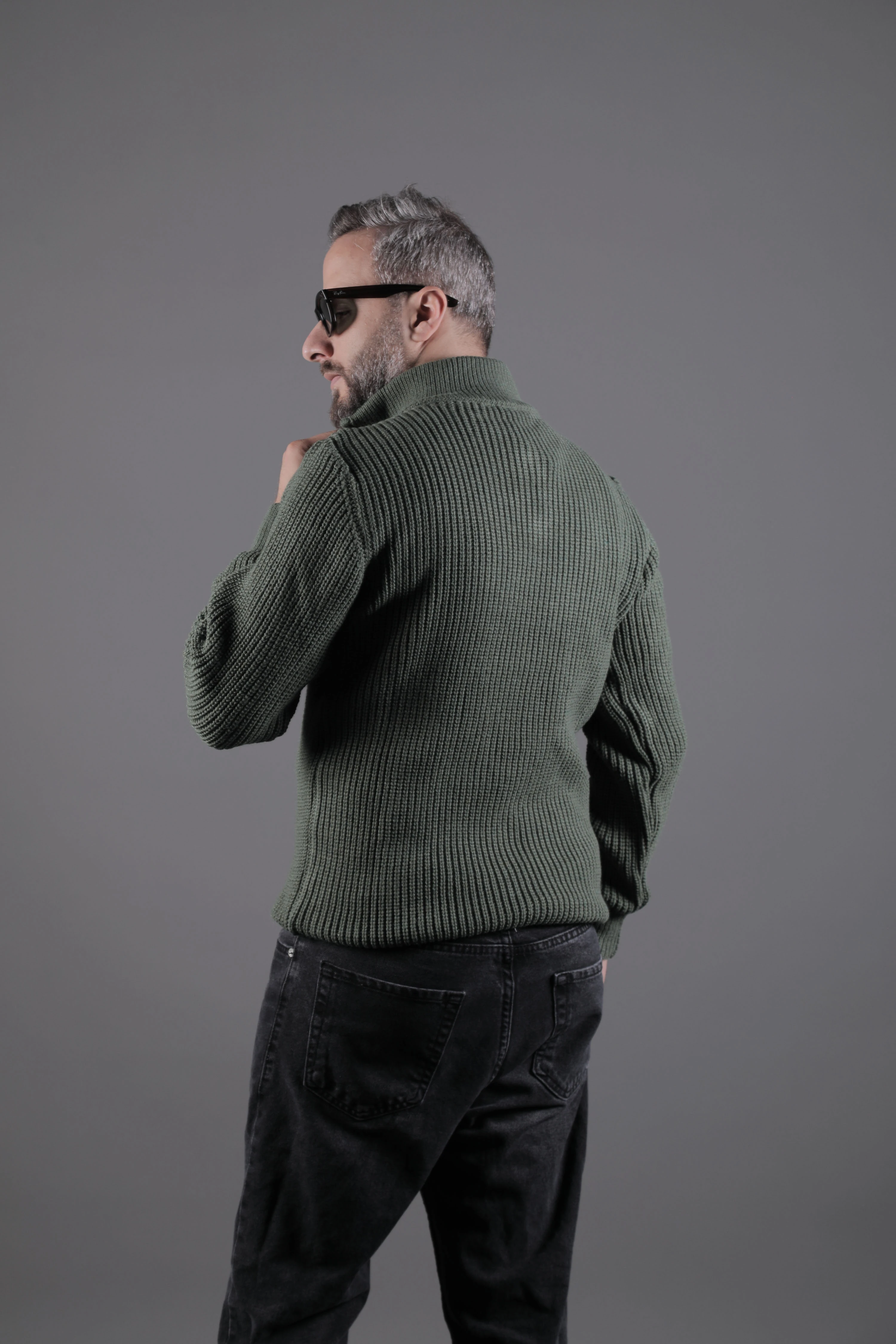 Yarım Fermuarlı Kalın Erkek Kazak - Haki