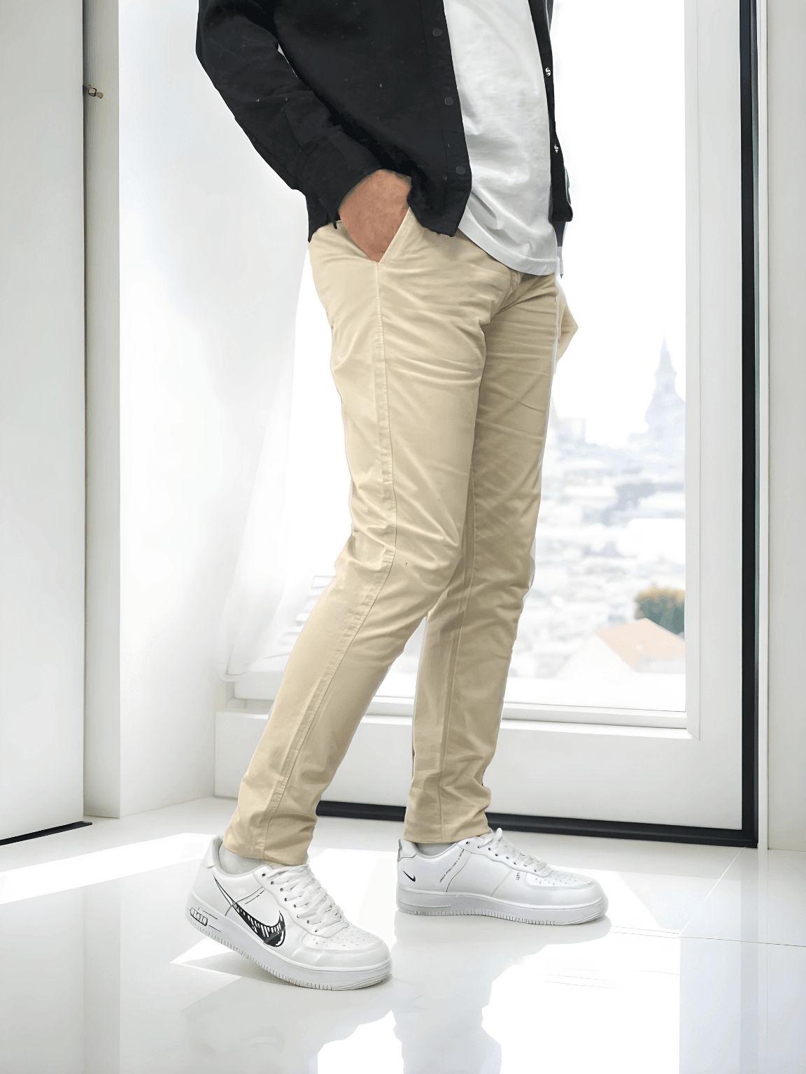 Slim Fit Kanvas Kumaş Erkek Keten Pantolon - Krem