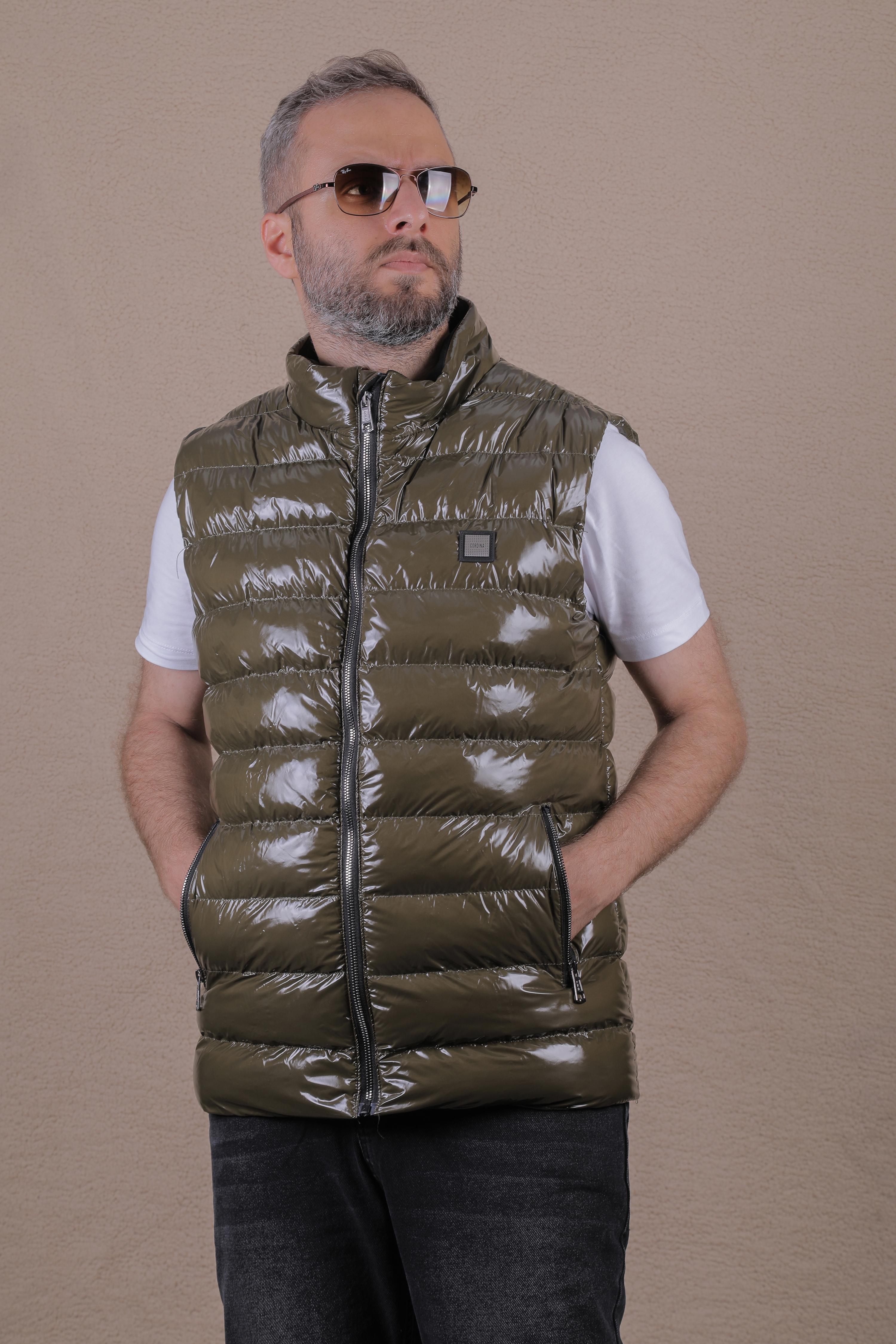 Slim Fit Parlak Şişme Yelek - Haki