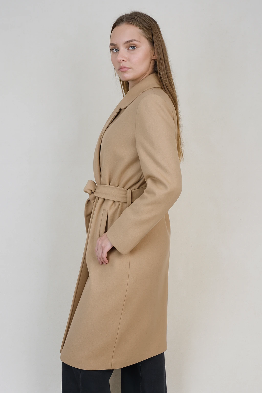 Kemerli Kadın Kaşe Kaban - Camel