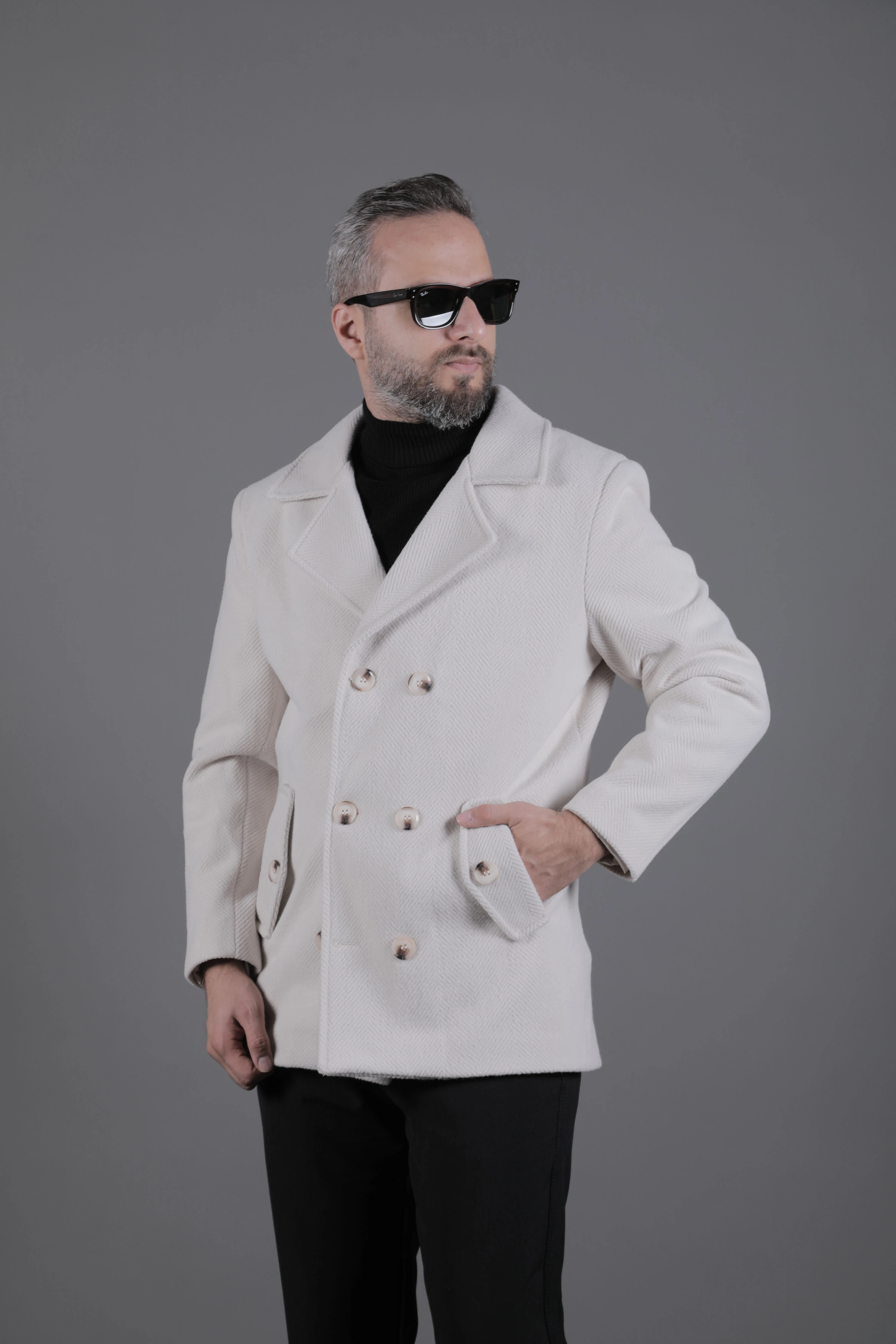 Desenli Kruvaze Erkek Kaşe Kaban - Bej