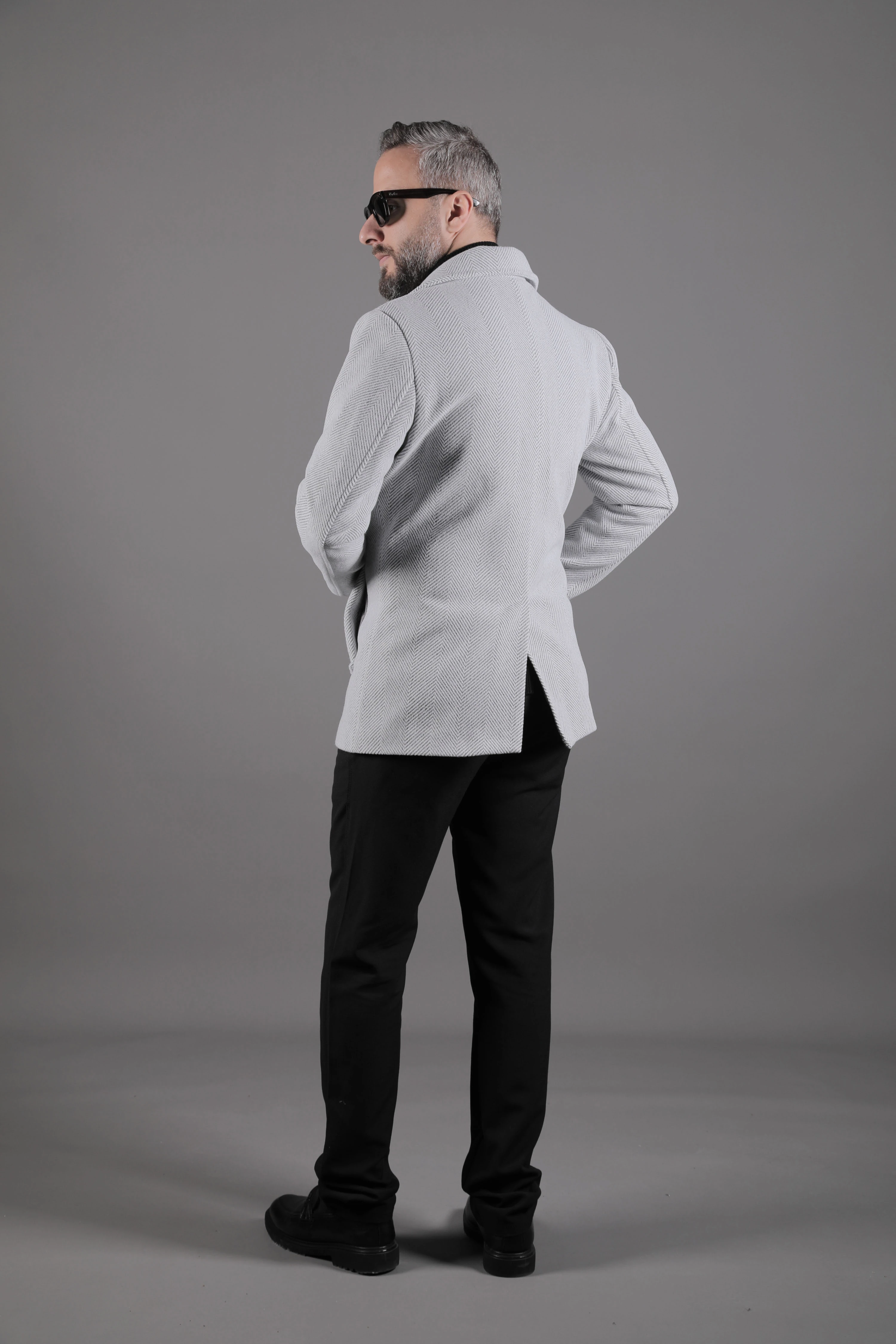 Desenli Kruvaze Erkek Kaşe Kaban - Açık Gri