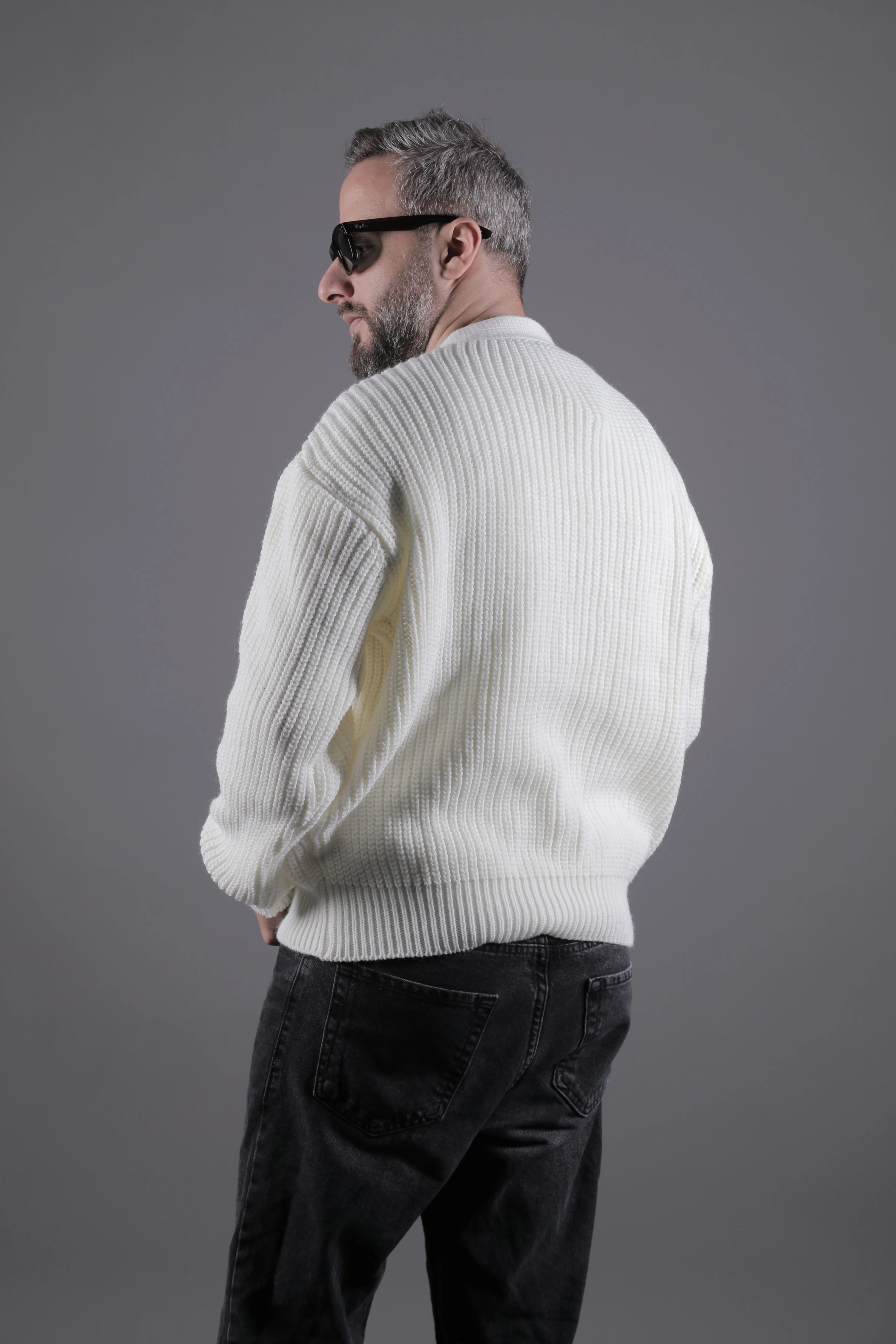 Dokulu Oversize Erkek Kalın Hırka - Bej