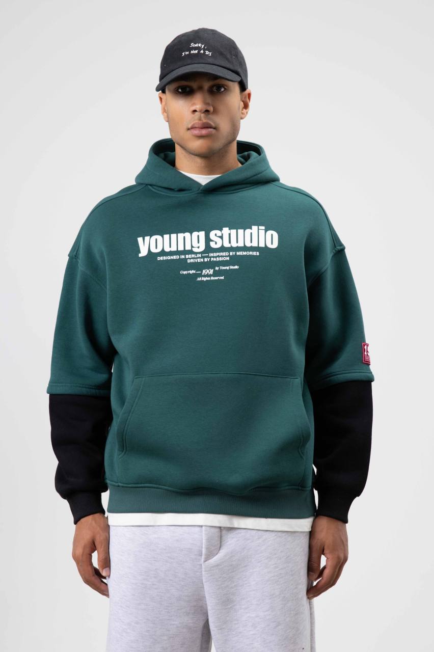 Kolu Parçalı Kapşonlu Sweatshirt Hoodie - Koyu Yeşil