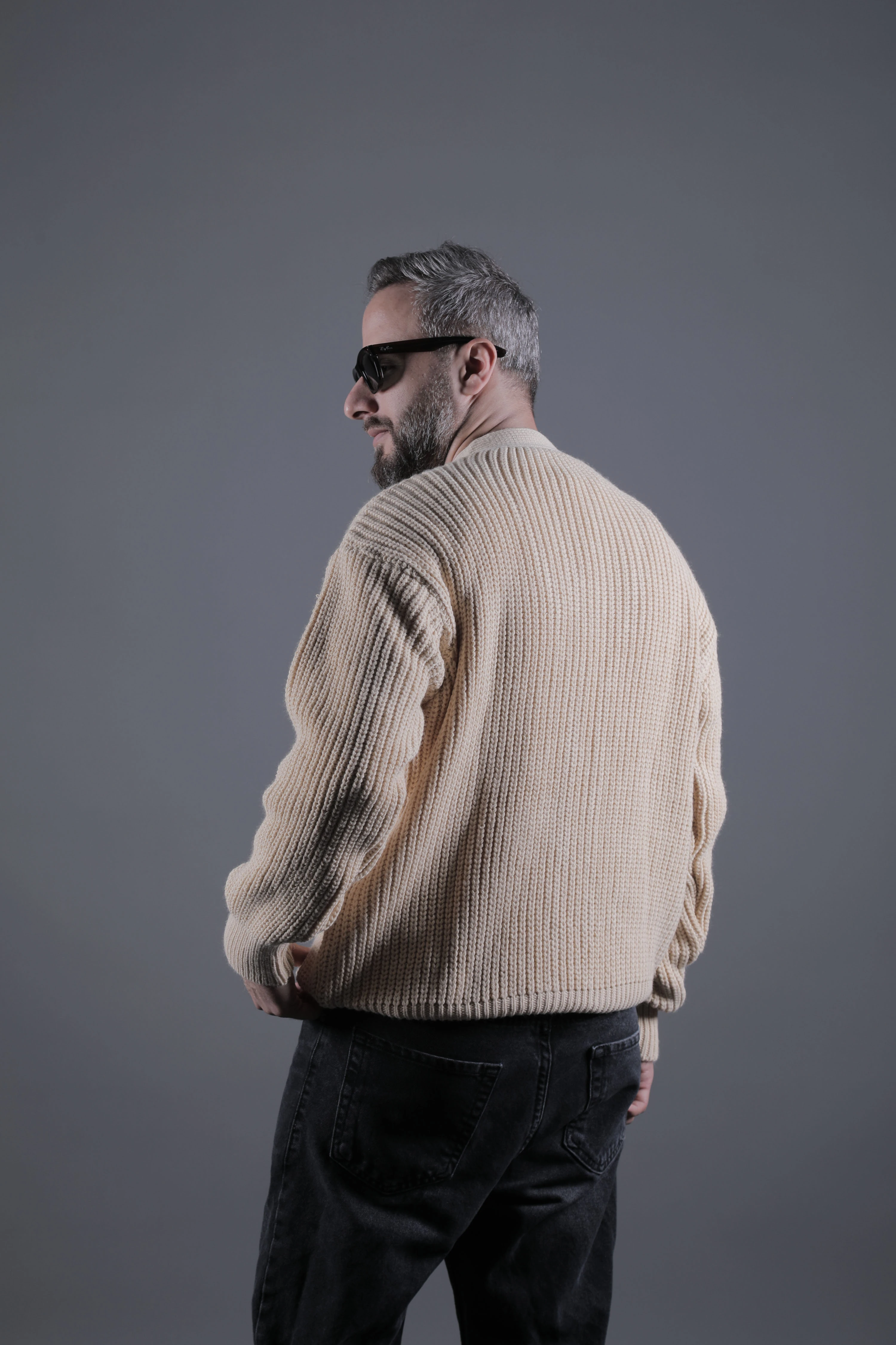 Dokulu Oversize Erkek Kalın Hırka - Krem