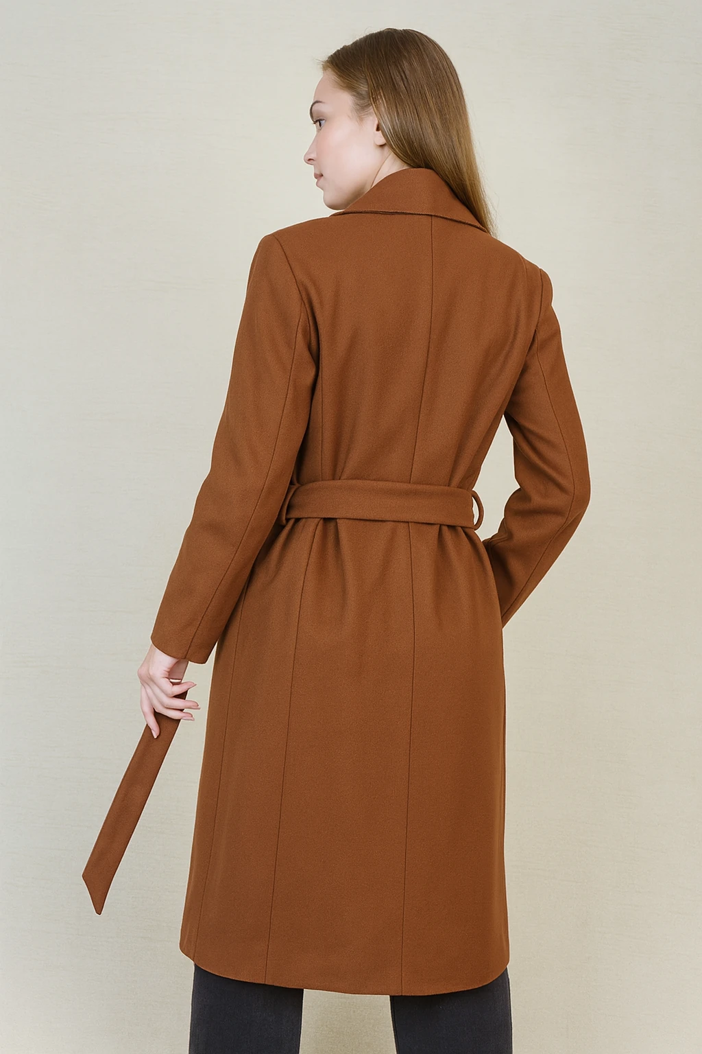 Kemerli Kadın Kaşe Kaban - Kahverengi