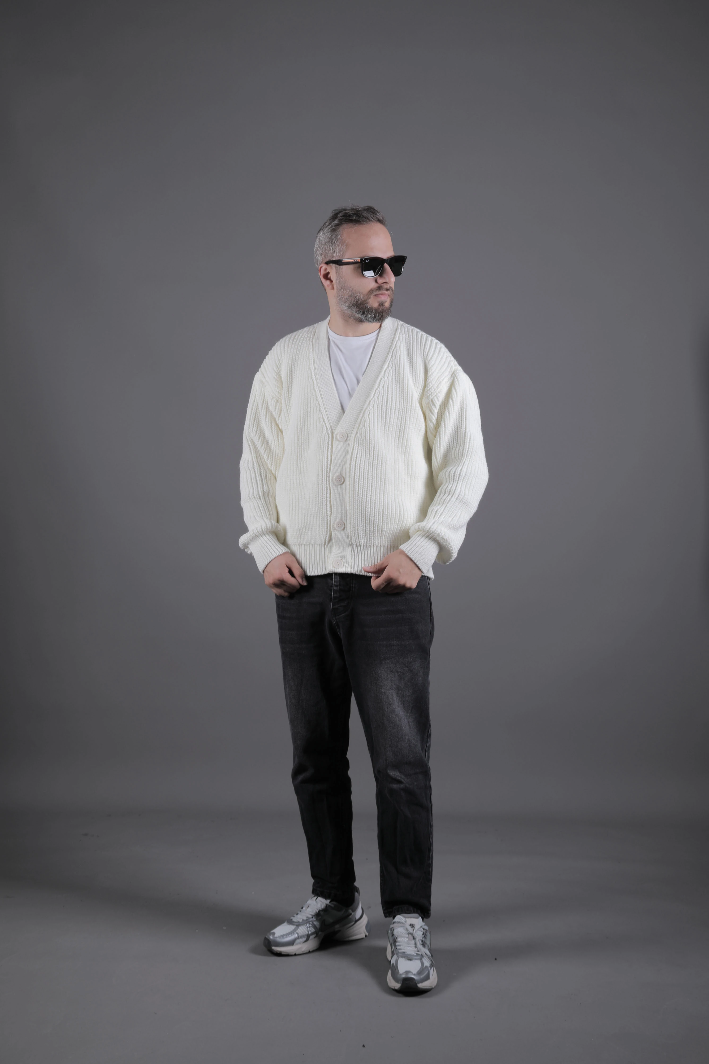 Dokulu Oversize Erkek Kalın Hırka - Bej