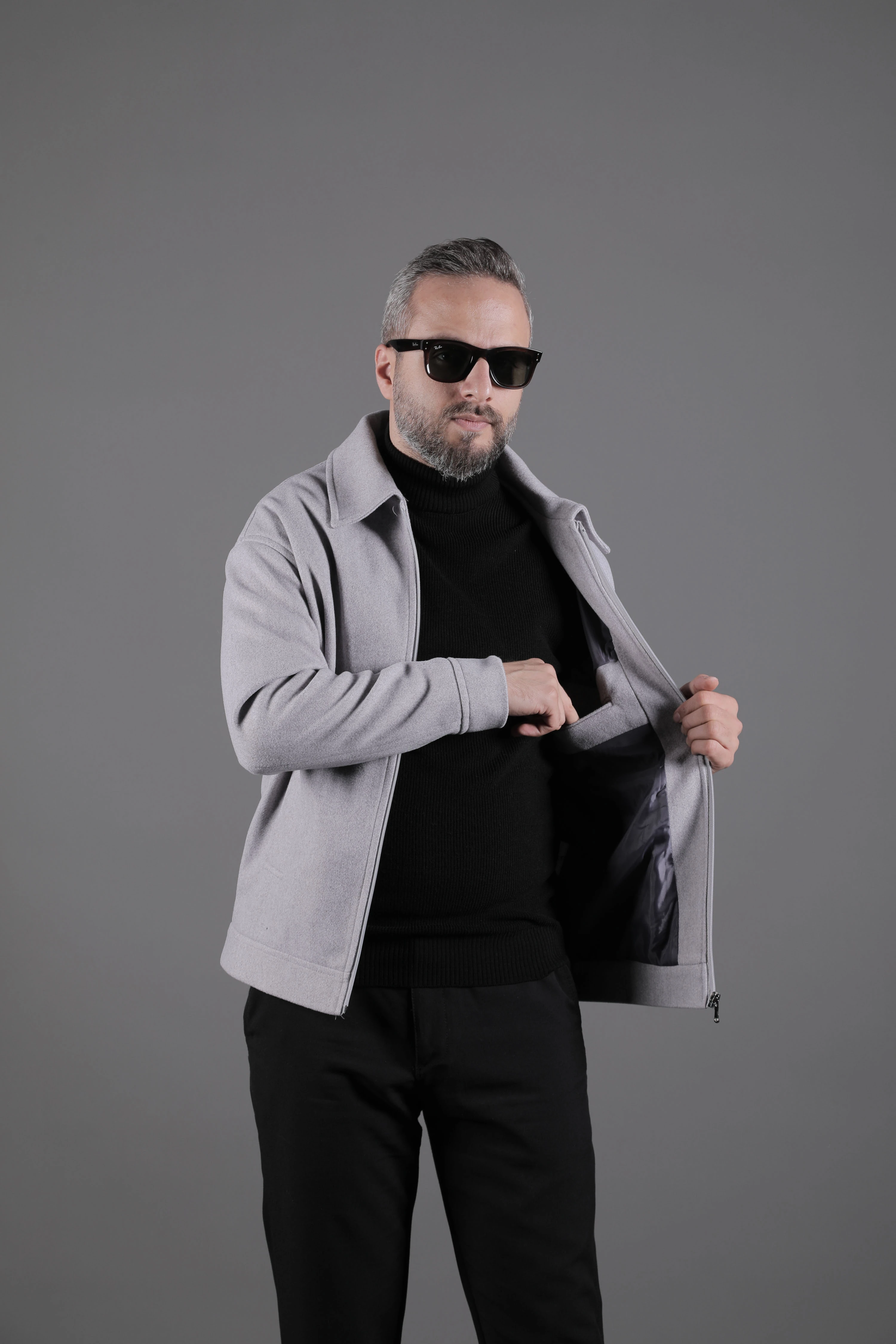Düz Erkek Kaşe Ceket Mont - Açık Gri