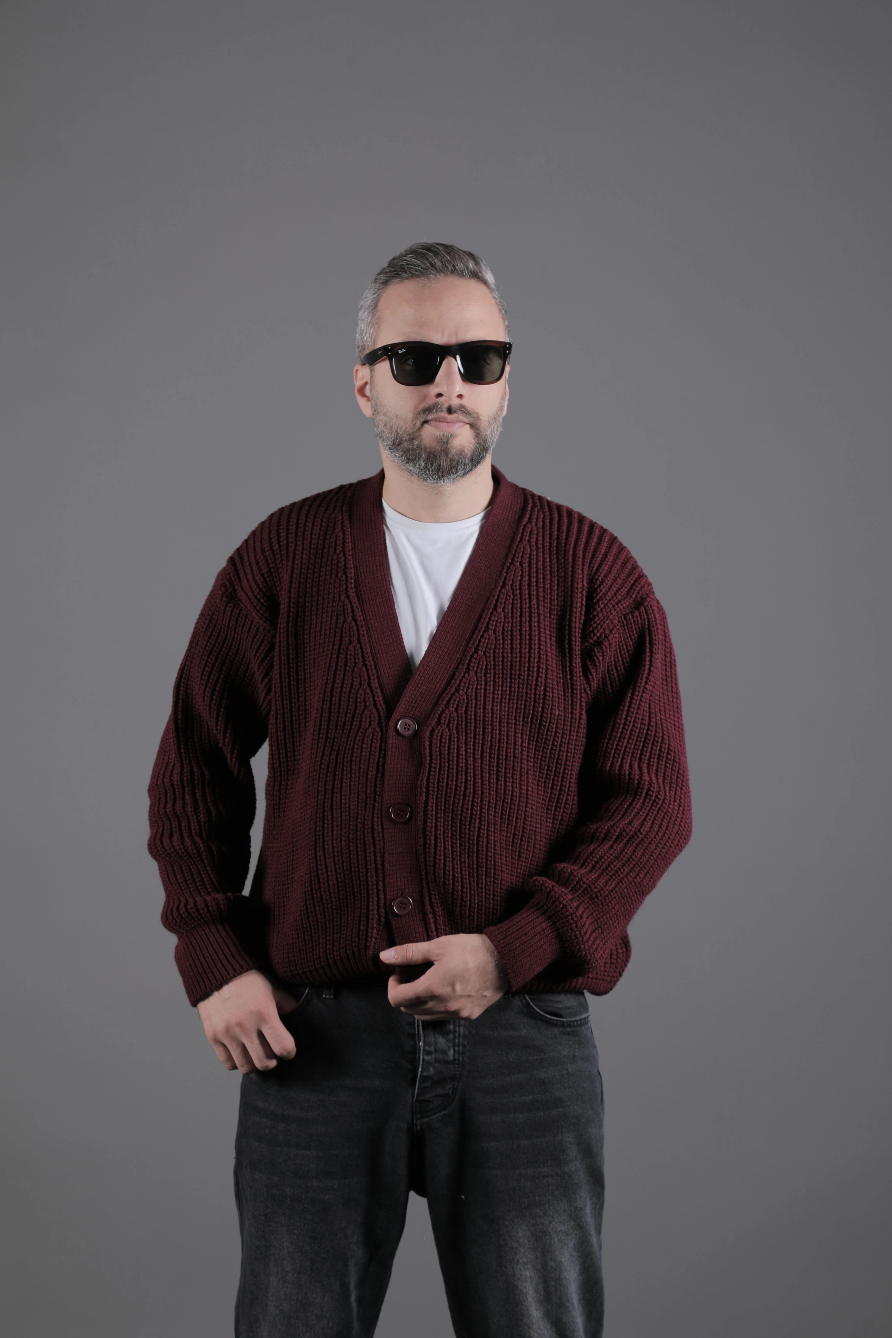 Dokulu Oversize Erkek Kalın Hırka - Bordo