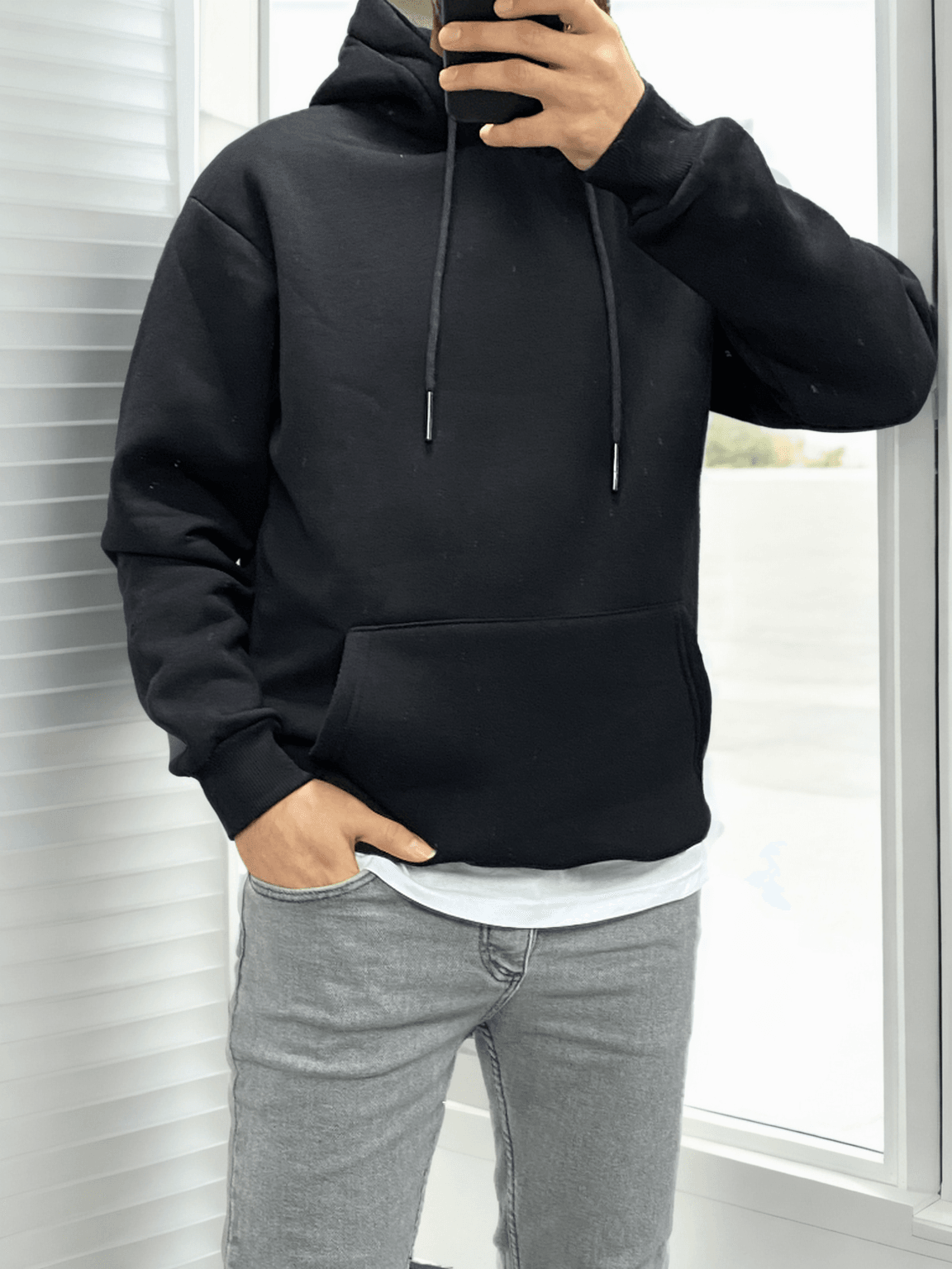 Unisex Düz Kapüşonlu Oversize Sweatshirt Hoodie - Siyah